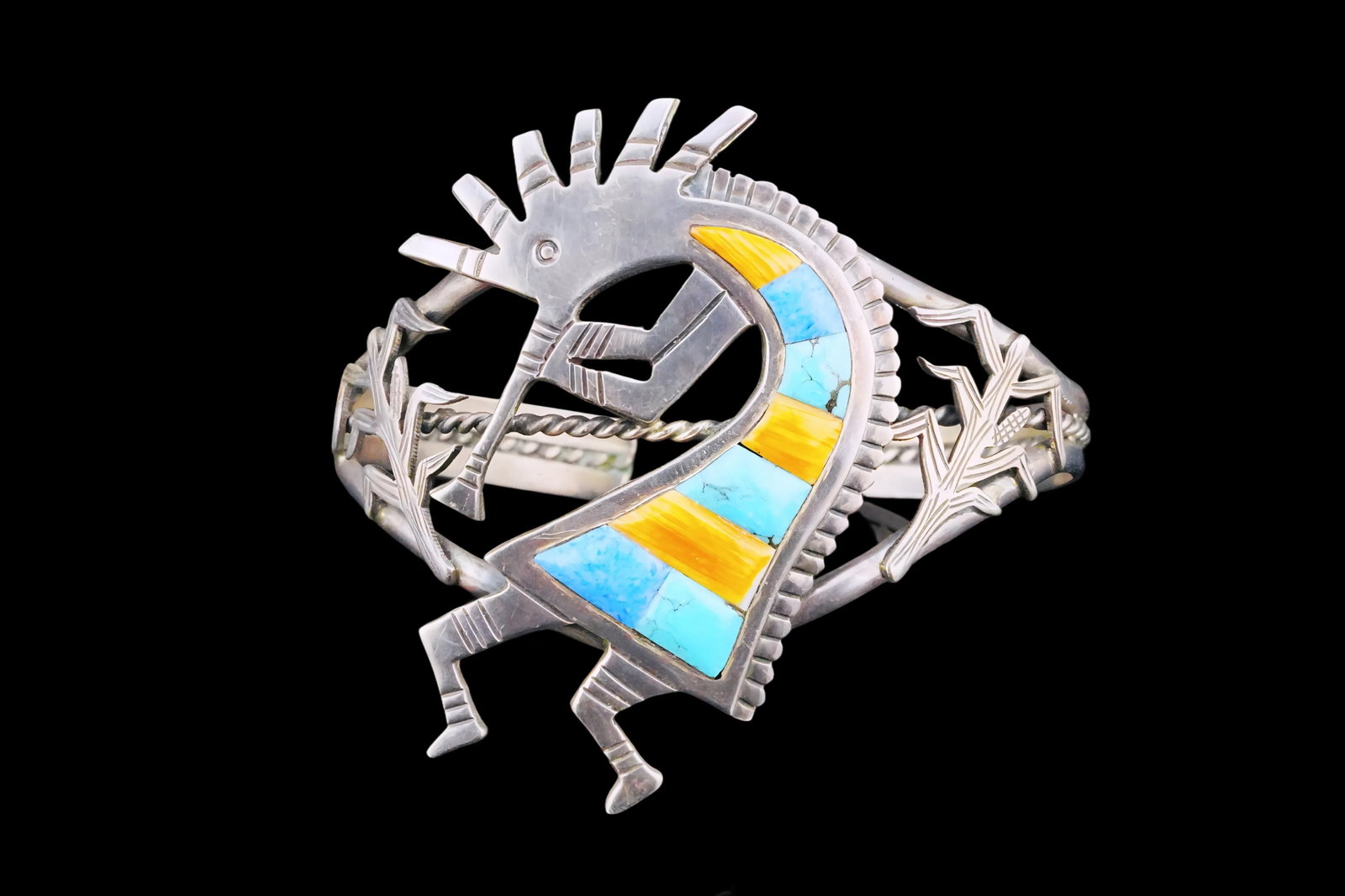 Lawrence Baca Sterling, Spiny Oyster and Turquoise Cuff: Lawrence Baca Sterling Silver, Spiny Oyster and Turquoise Inlaid Cuff Bracelet - Featuring a finely detailed Kokopelli dancer motif with channel inlay of vibrant turquoise and orange spiny oyster