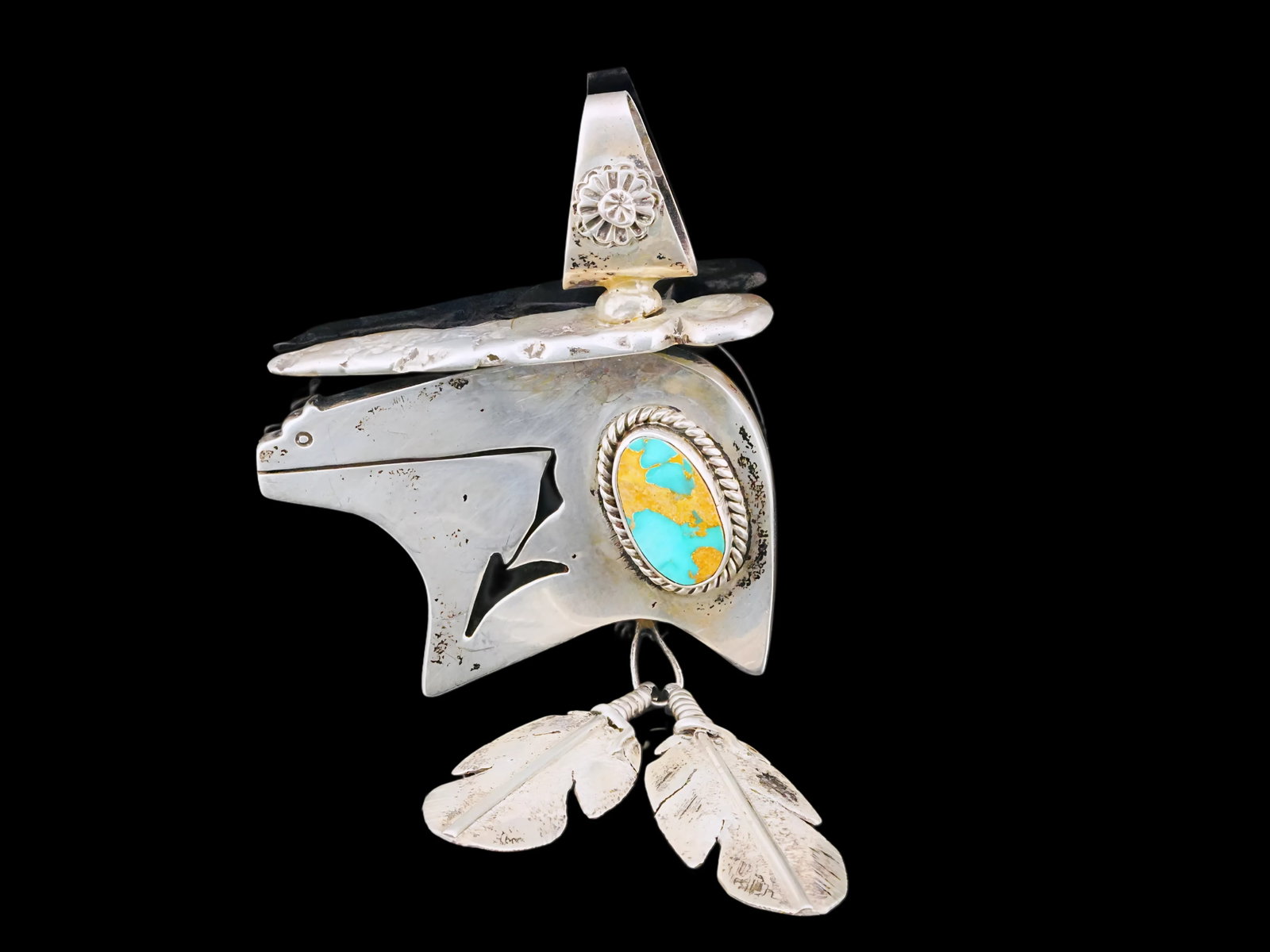 Ben Begaye Turquoise and Sterling Silver 5" Pendant: Ben Begaye Navajo 18.5mm Turquoise and Sterling Silver 5" Pendant - An impressive handcrafted pendant featuring a large oval turquoise cabochon set in a rope-twist bezel on a stylized bear form.
