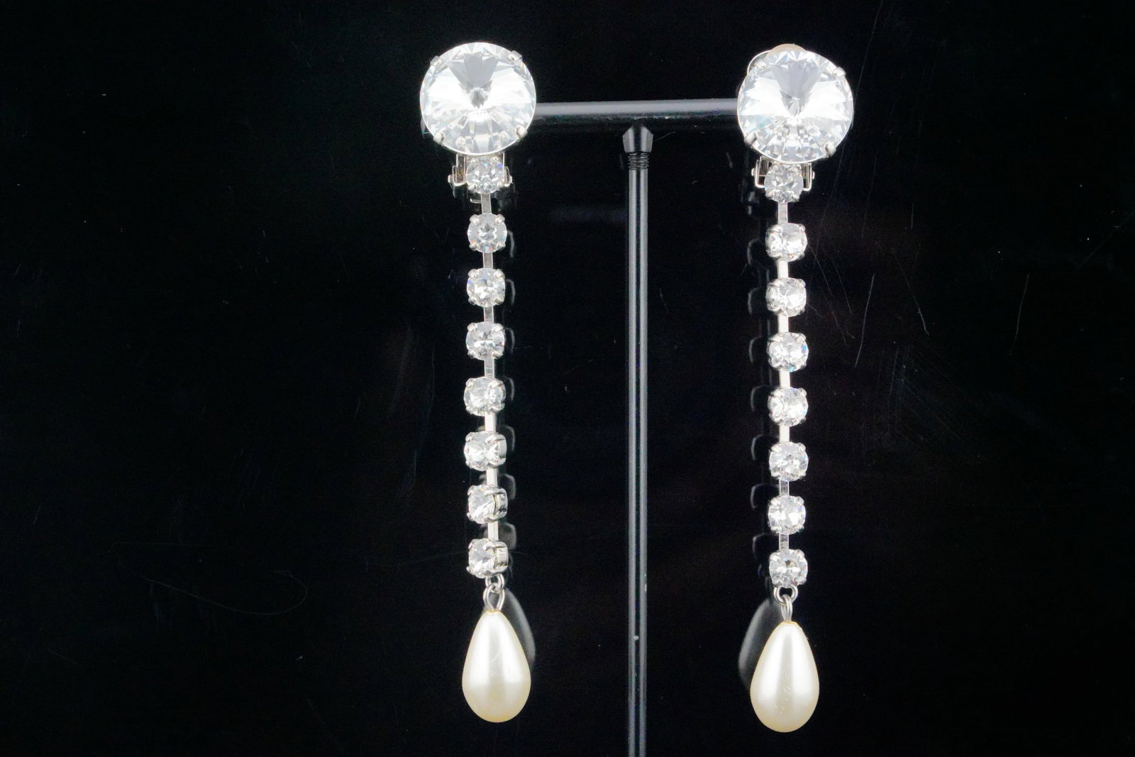 Miu Miu Rhinestone and Faux Pearl Long Drop Ear Clips: Miu Miu Silver Tone Rhinestone and Faux Pearl Long Drop Clip On Earrings - These Miu Miu Silver Tone Rhinestone and Faux Pearl Long Drop Clip-On Earrings are a glamorous statement piece that effortles