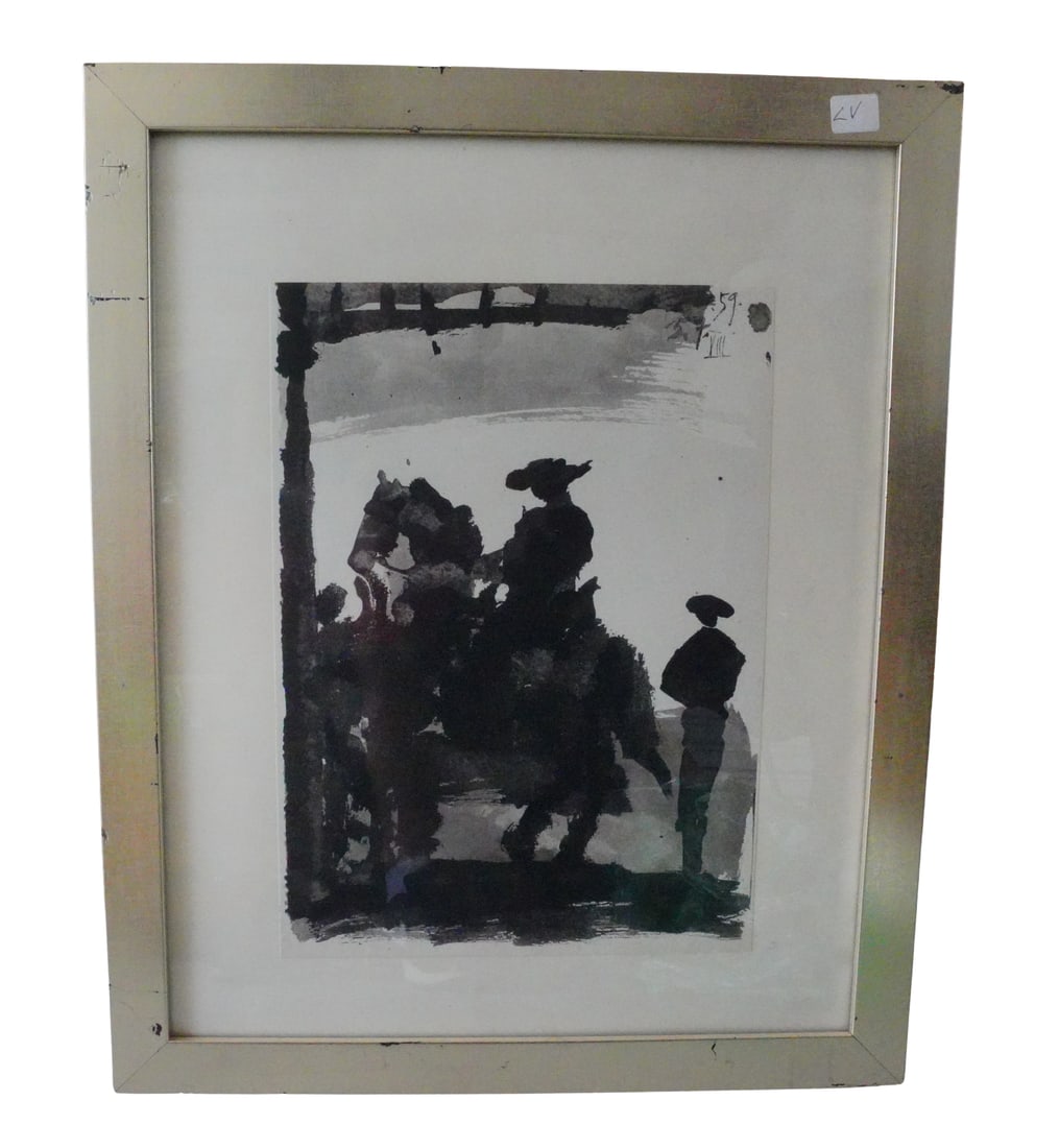 After Pablo Picasso "Toros y Toreros, 1959" Lithograph: After Pablo Picasso (Spanish, 1881-1973) "Toros y Toreros, 1959" Lithograph - A print after Pablo Picasso's iconic bullfighting series Toros y Toreros (1959). The image depicts a mounted picador and a