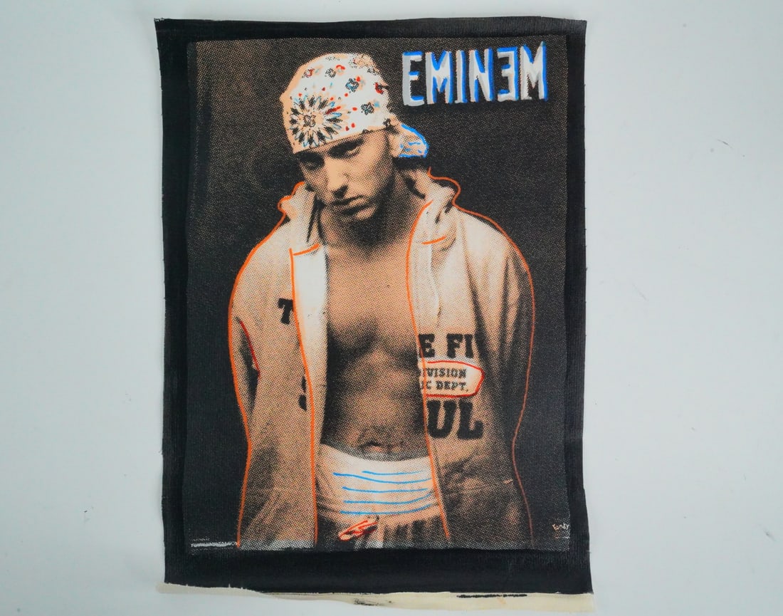 Steve Kaufman Signed Eminem Mixed Media Canvas: Steve Kaufman Eminem Limited Edition Hand-Embellished Mixed Media Silkscreen on Canvas, Signed and Numbered 11/50 - Offered here is a compelling hand-embellished mixed media silkscreen on canvas by St