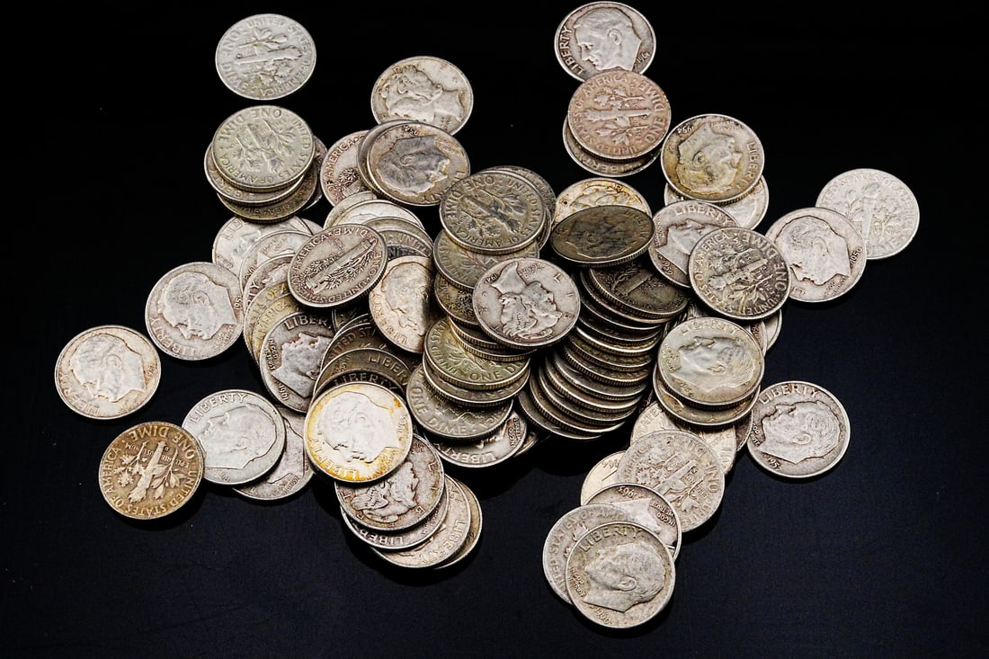 Lot of (100) Unsearched 90% Silver Dimes (249 Grams): Lot of (100) Unsearched 90% Silver Dimes (249 Grams) - This appealing lot features (100) U.S. dimes struck in 90% silver, dating from 1946 to 1964 and including Roosevelt issues, with the possibility 