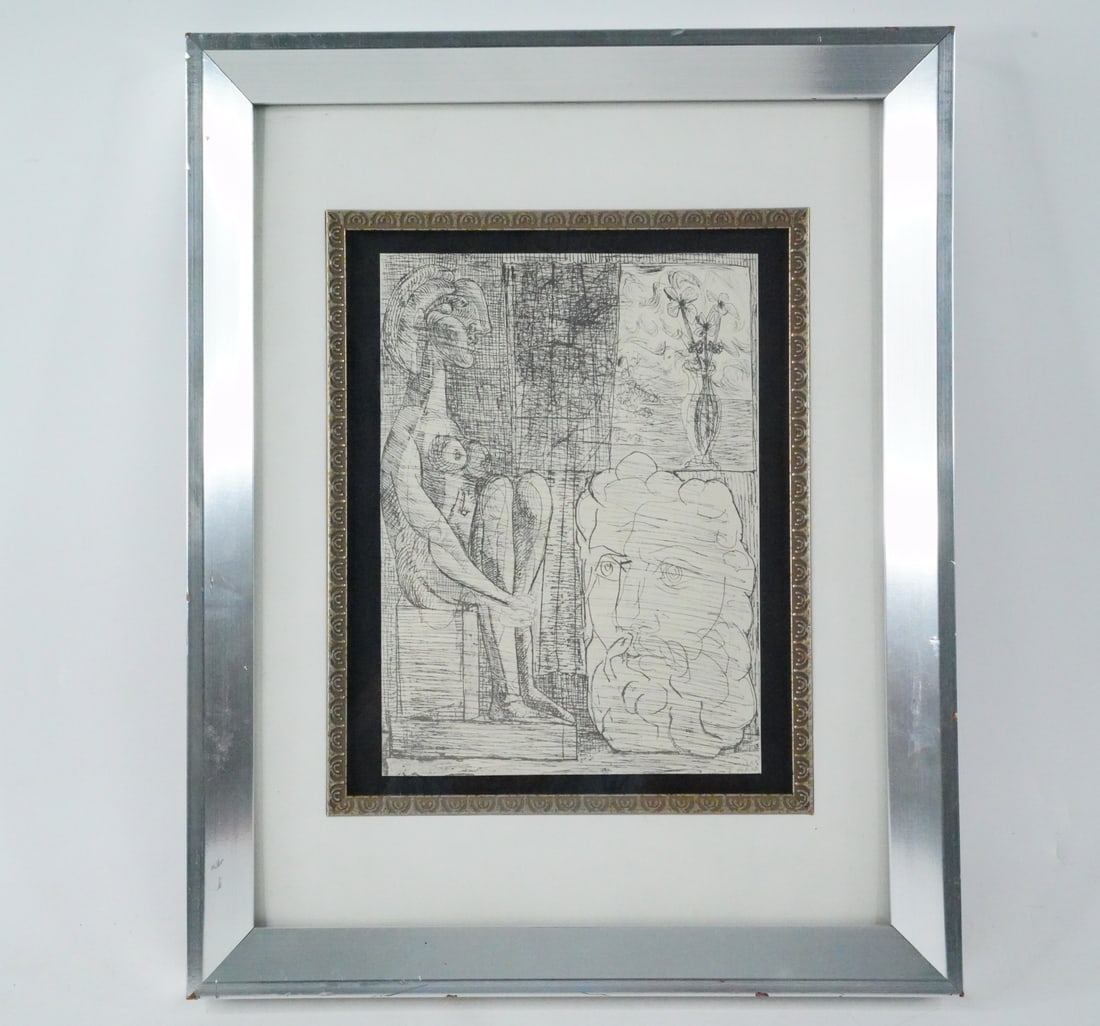 After Pablo Picasso Etching from the Vollard Suite: After Pablo Picasso (Spanish, 1881-1973) "Sculptures et Vase de Fleurs" Etching from the Vollard Suite (Framed) - Reproduction etching on paper, framed under glass. A later print after Picasso's origi