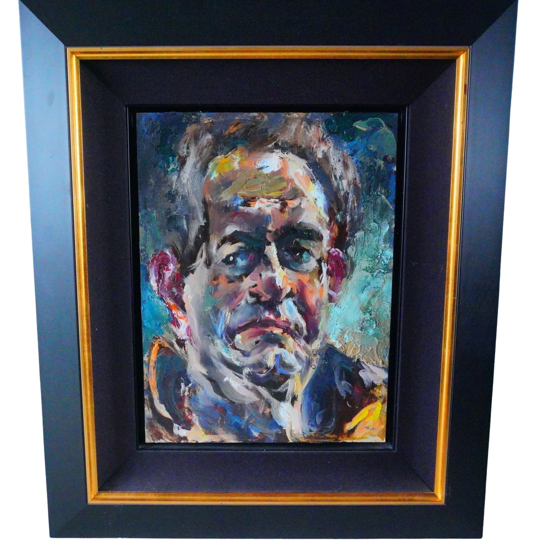 Expressionist Portrait Oil on Canvas Painting: Expressionist Portrait Oil on Canvas Painting - A bold and emotive oil painting of a man's face rendered in a vigorous expressionist style. Heavy impasto brushstrokes in vivid tones of blue, violet, c
