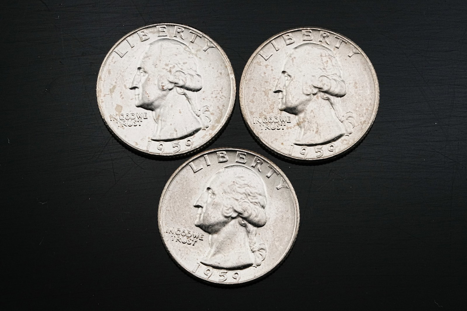 (3) 1959-D 90% Silver Washington Quarters BU/GEM: Lot of (3) 1959-D 90% Silver Washington Quarters BU/GEM - Offered here is an attractive lot of three (3) 1959-D Washington Quarters, each struck in 90% silver and preserved in Brilliant Uncirculated