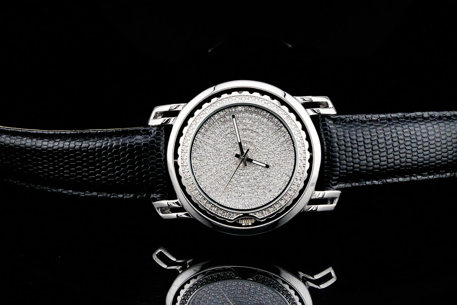 Bling Master 45mm Reversible Fashion Watch: Bling Master 45mm Reversible Fashion Watch W/Leather Strap Never Worn W/Original Tag - A bold and distinctive Bling Master fashion watch featuring a unique reversible case design paired with a classic