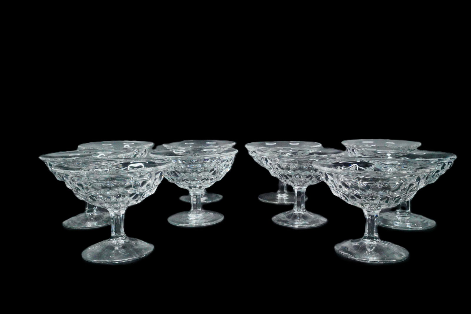 Set of (10) Pressed Glass Dessert or Sherbet Coupes: Set of (10) Pressed Glass Dessert or Sherbet Coupes - Charming set of ten vintage pressed glass dessert or sherbet coupes, each featuring a faceted diamond pattern that beautifully catches the light. 
