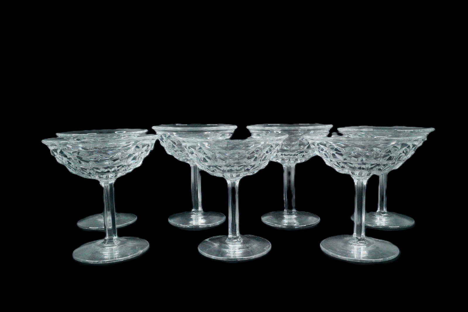 Set of (7) Pressed Glass Dessert or Sherbet Coupes: Set of (7) Pressed Glass Dessert or Sherbet Coupes - Charming set of seven vintage pressed glass dessert or sherbet coupes, each featuring a faceted diamond pattern that beautifully catches the light.