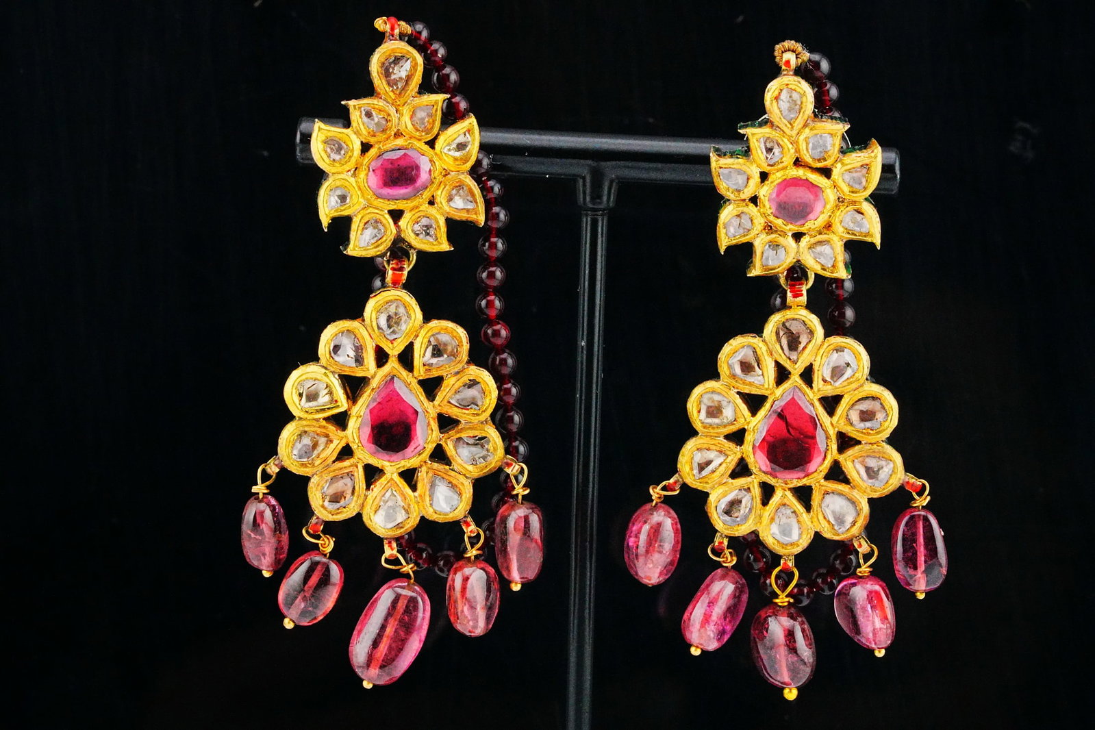 1.35ctw Polki Diamond, 22K and Tourmaline 2.5" Earrings: 1.35ctw Polki Diamond, 22K Yellow Gold and Pink Tourmaline 2.5" Pendant Earrings with Enameled Reverse - THIS ITEM WILL COME WITH A $14,000 INSURANCE VALUATION REPORT. A striking pair of traditional 2