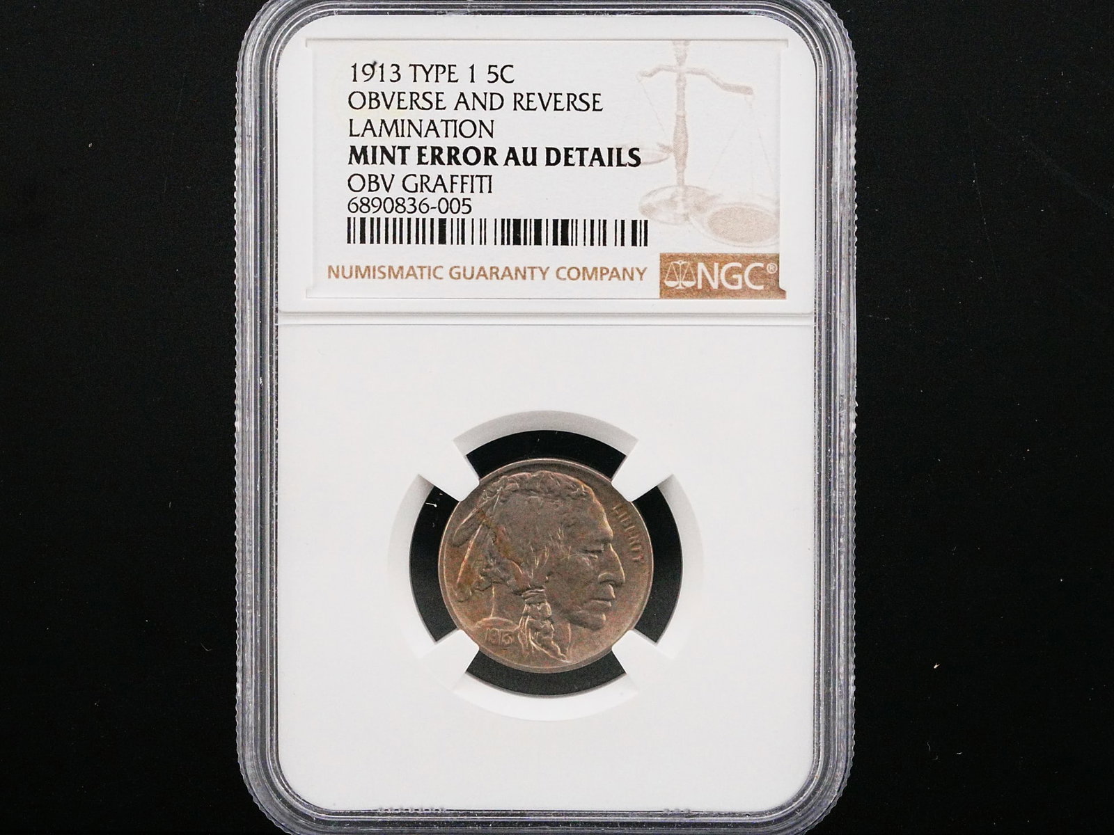 1913 Type 1 Buffalo Nickel 5C Error Lamination NGC AU Details (1 of 3)