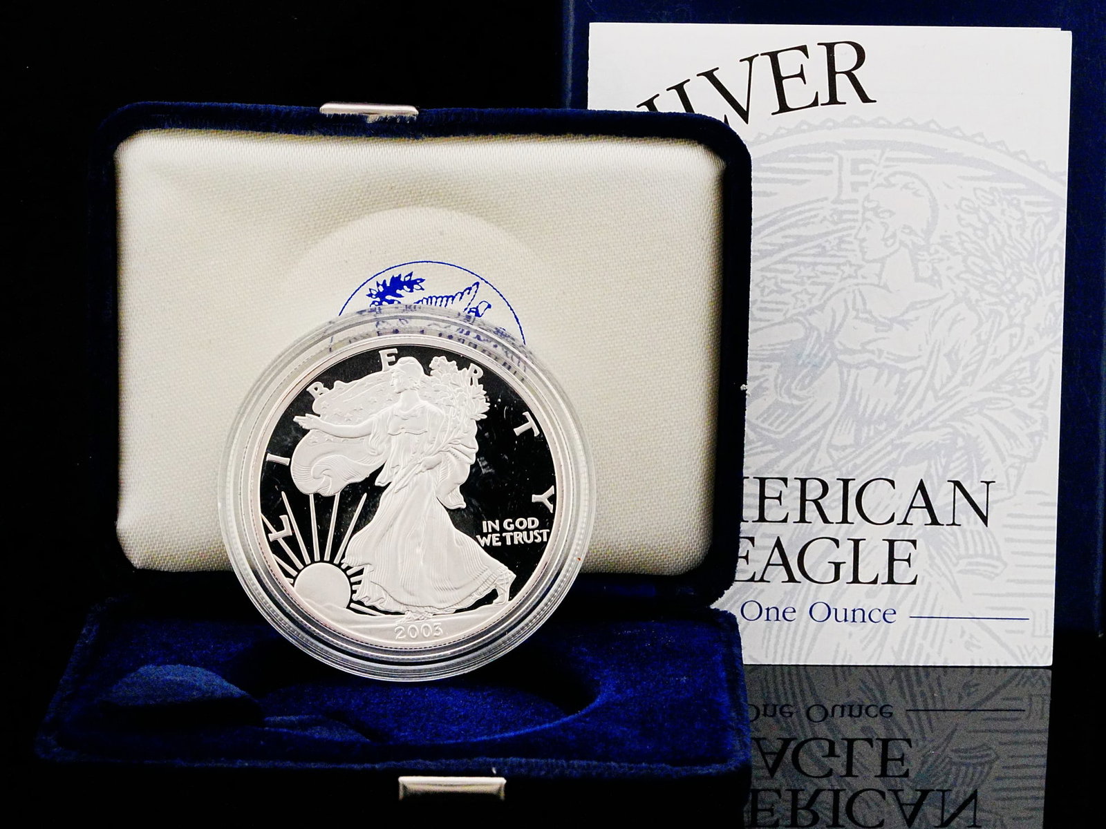 2003-W American Eagle 1 Troy Oz .999 Silver Proof Coin: 2003-W American Silver Eagle 1 Troy Ounce .999 Fine Silver Proof Coin W/Original Box and COA - A cornerstone of modern American numismatics, this 2003-W American Silver Eagle Proof combines the enduri