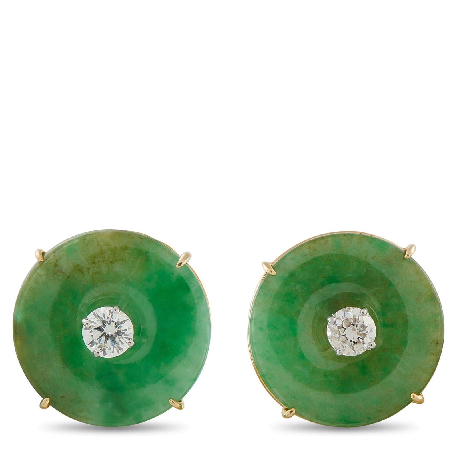 1.35ctw Diamond, Jade and 18K Yellow Gold Earrings: 1.35ctw VS2-SI1/G-H Diamond, Green Jade and 18K Yellow Gold Earrings - Elegantly designed to showcase the natural beauty of green jade, these striking earrings feature jade centers secured in ultra-sl