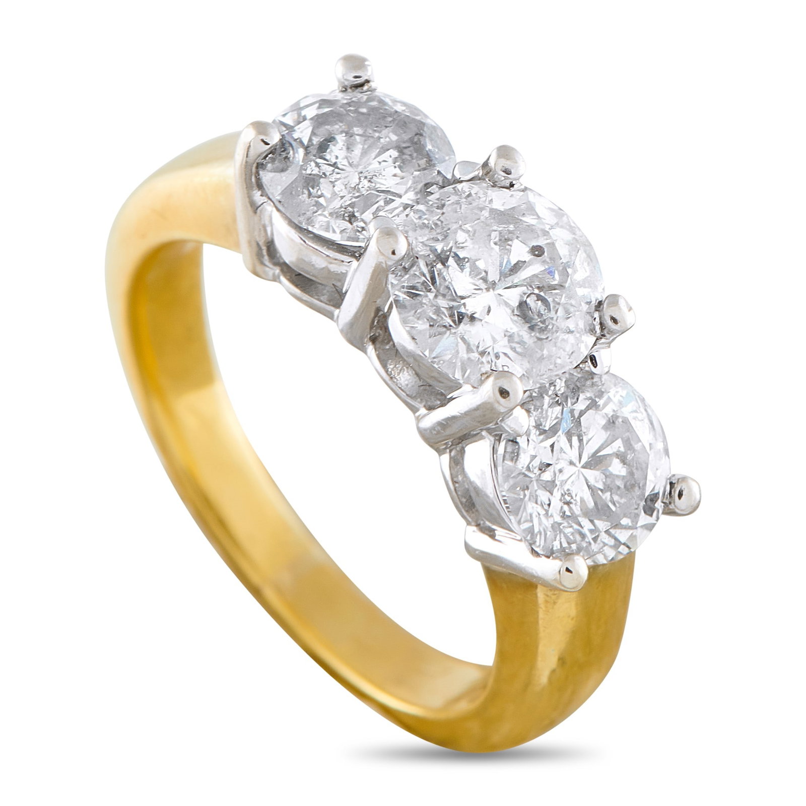 2.80ctw Diamond and 18K Yellow/White Gold 3-Stone Ring: 2.80ctw VS2-SI1/G-H Diamond and 18K Yellow/White Gold 3-Stone Ring - A timeless expression of classic elegance, this beautifully crafted three-stone ring features a striking 1.20 carat center diamond 
