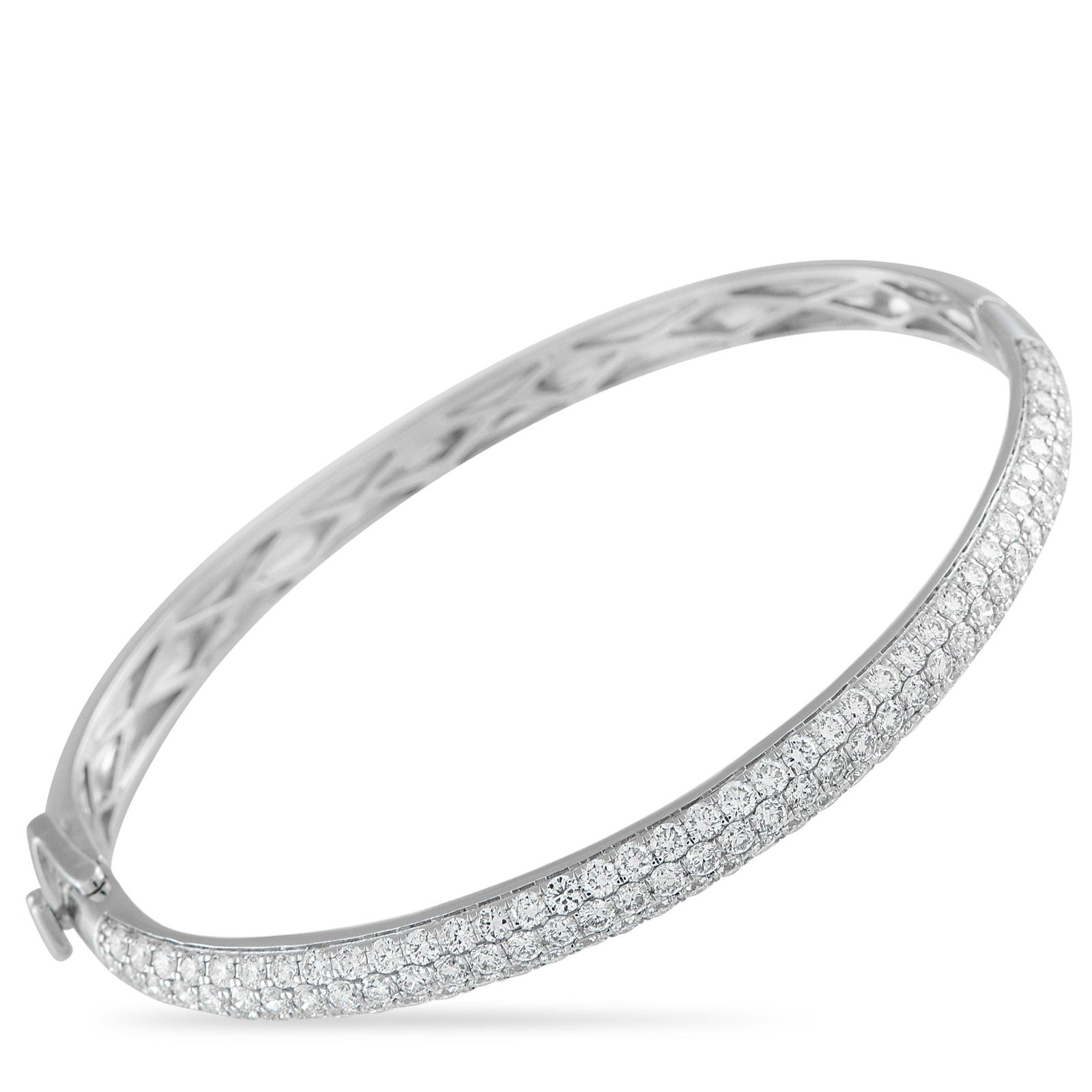 3.75ctw Diamond and 14K White Gold Pave Bangle Bracelet: 3.75ctw SI1-SI2/H-J Diamond and 14K White Gold Pave Bangle Bracelet - Sleek, radiant, and effortlessly sophisticated, this elegant bangle bracelet is adorned with approximately 3.75 total carats of pa
