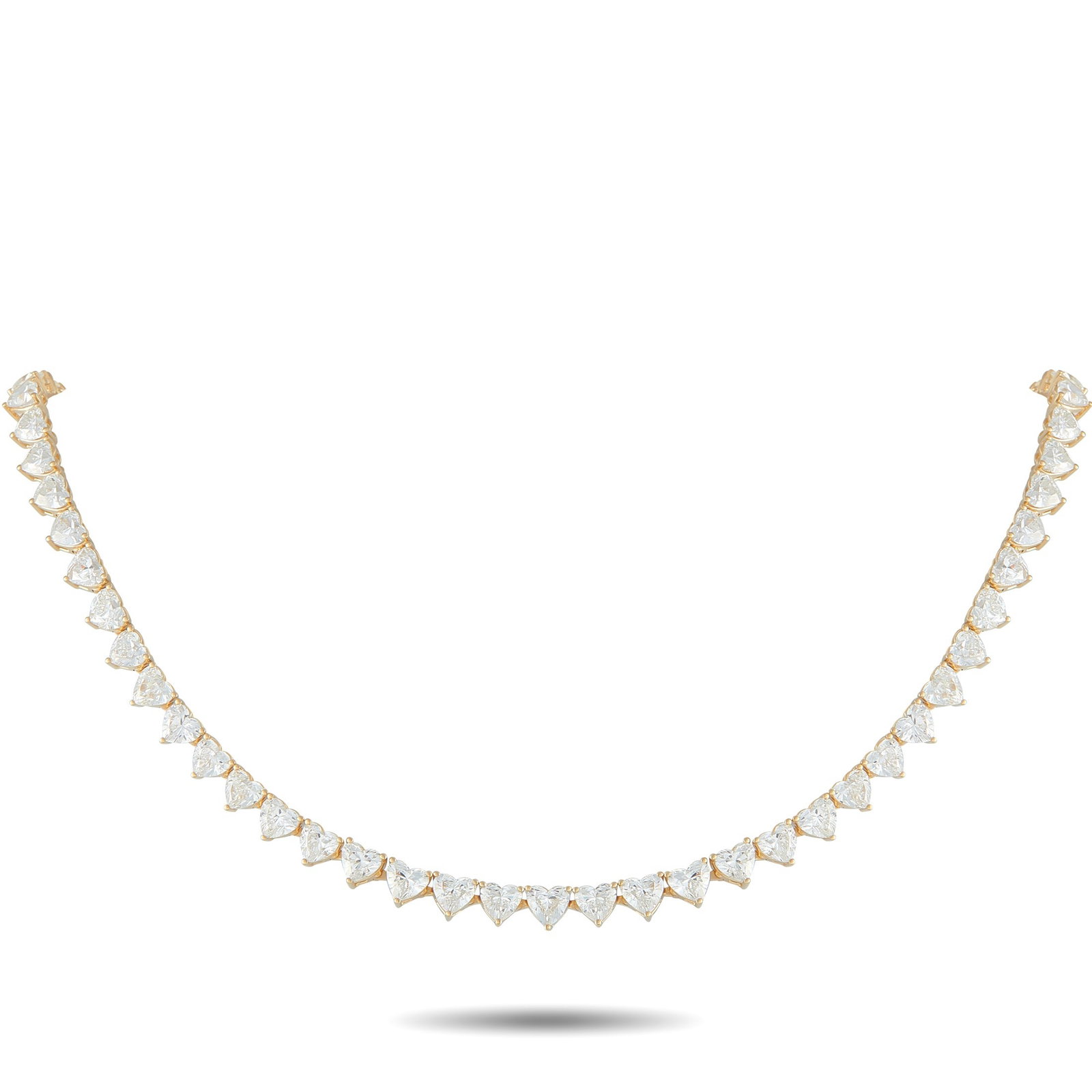 34.70ctw Diamond and 18K Yellow Gold 15" Necklace: 34.70ctw VS2-SI1/G-H Diamond and 18K Yellow Gold 15" Necklace - Exceptionally romantic and undeniably captivating, this breathtaking necklace showcases approximately 34.70 total carats of heart-shaped