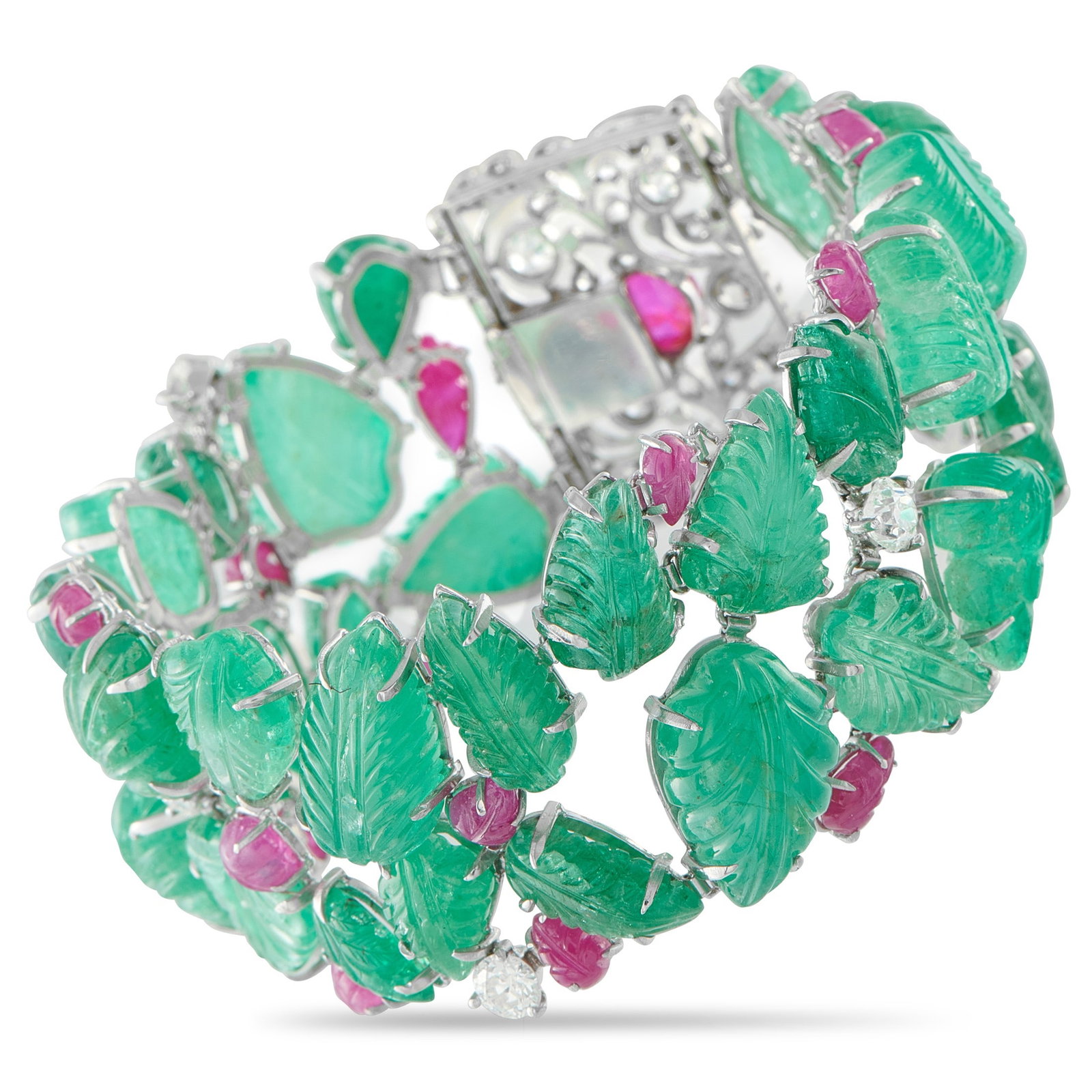 110.00ctw Emerald and Ruby, 3.50ctw Diamond Bracelet: 110.00ctw Emerald and Ruby, 3.50ctw VS1-SI1/G-H Diamond and 18K White Gold Garden Bracelet - This richly detailed garden bracelet offers a lush, nature inspired composition crafted in 18K white gold. 