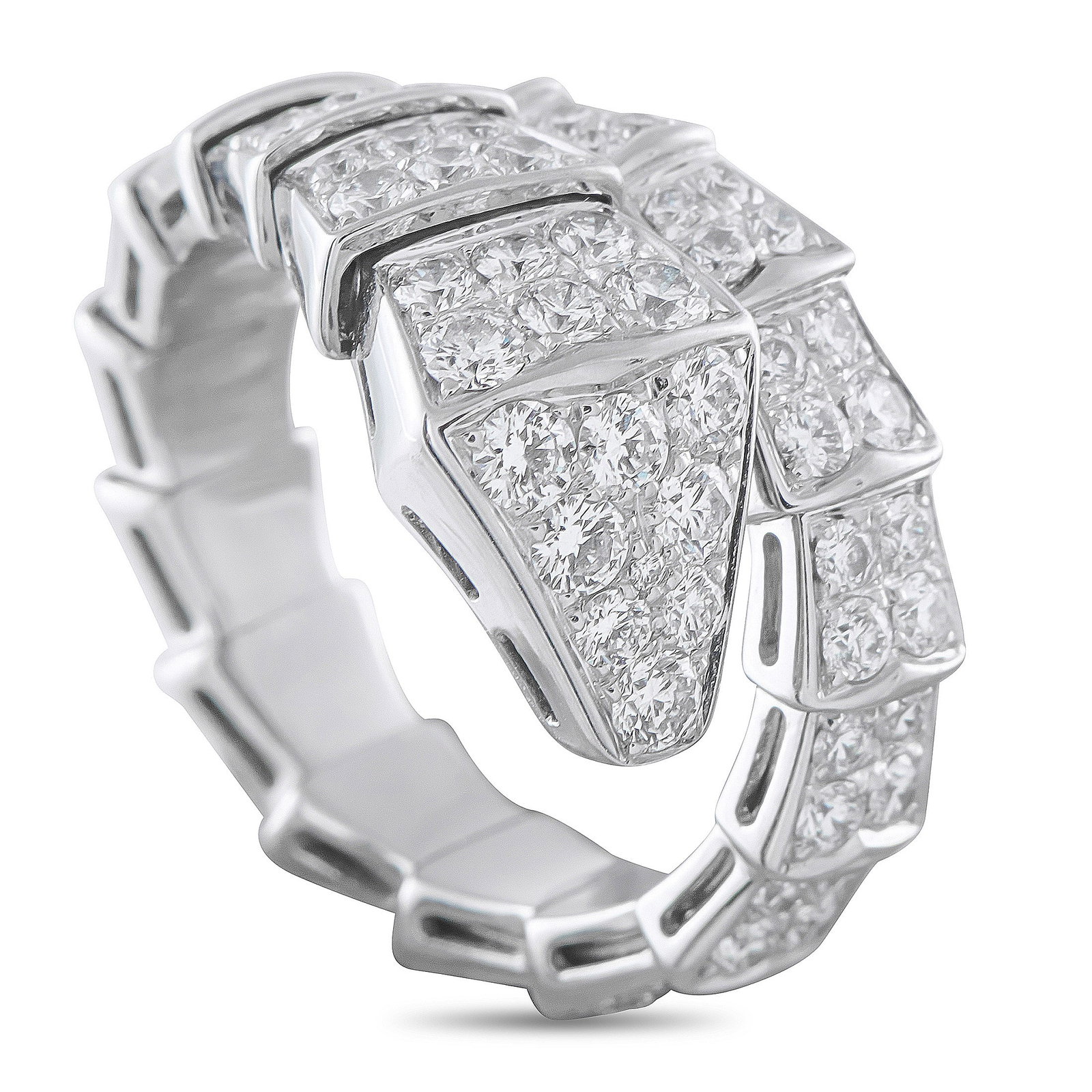 Bvlgari Serpenti Viper 1.89ctw Diamond and 18K Ring: Bvlgari Serpenti Viper 1.89ctw VVS-VS/E-F Diamond and 18K White Gold One Coil Ring W/Box and Papers - An iconic symbol of transformation, strength, and timeless sophistication, this Bvlgari Serpenti V