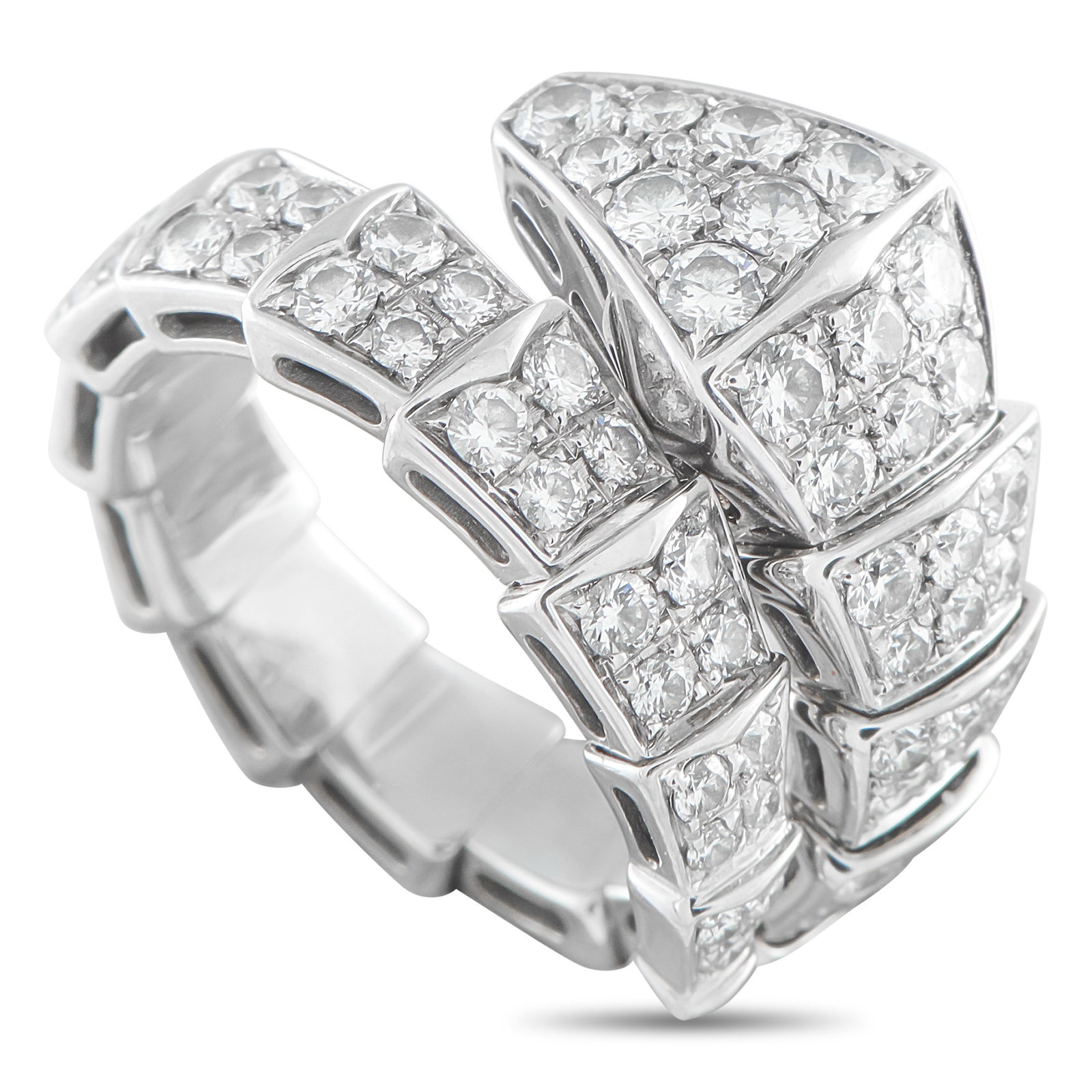 Bvlgari Serpenti 1.89ctw Diamond and 18K Ring: Bvlgari Serpenti 1.89ctw Diamond and 18K White Gold Ring W/Box - This striking Bvlgari Serpenti ring captures the sensual movement of the house's iconic serpent motif, a symbol of transformation and e