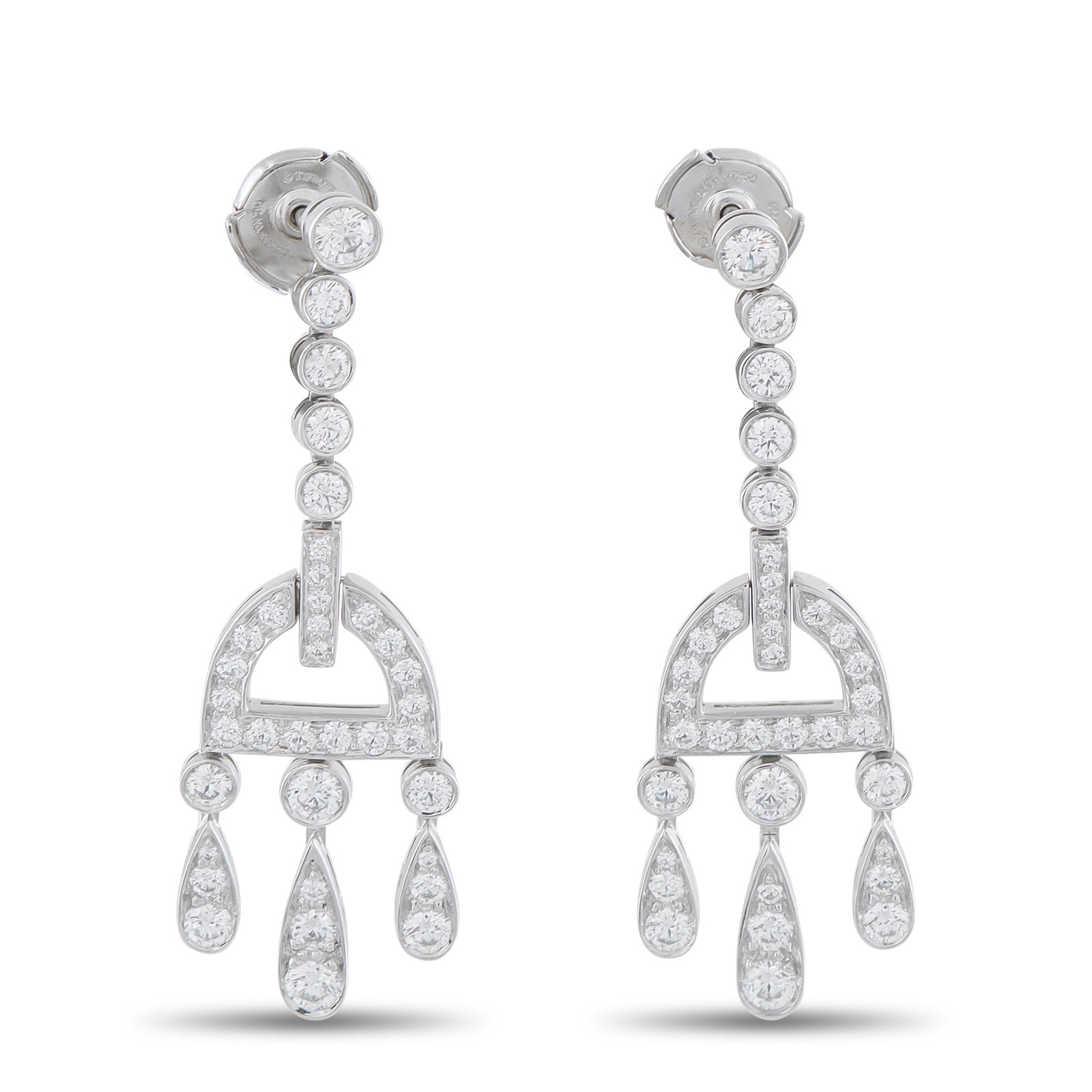 Tiffany & Co. 2.38ctw Diamond and Platinum Earrings: Tiffany & Co. Legacy 2.38ctw VVS-VS/F-G Diamond and Platinum 1.80" Chandelier Earrings - A striking expression of Tiffany & Co.'s enduring elegance, these Legacy dangle earrings embody refined sophist