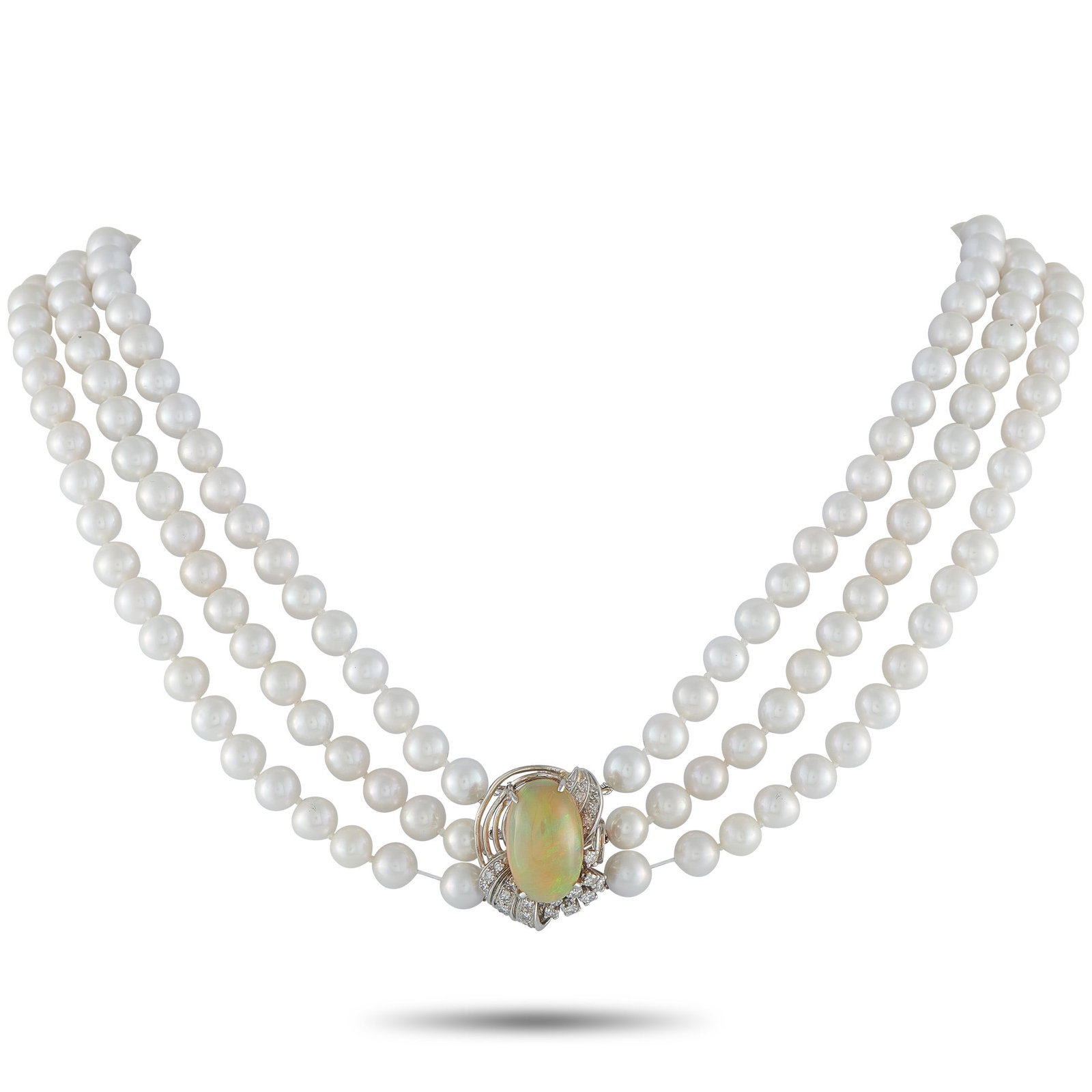 15.00ct Opal, 0.50ctw Diamond and 7mm Pearl 15" Necklace: 15.00ct Opal, 0.50ctw Diamond and 7mm Pearl 15" 3-Strand Necklace - Timelessly elegant and evocative of classic glamour, this exquisite three-strand necklace is a sophisticated statement for life's mo