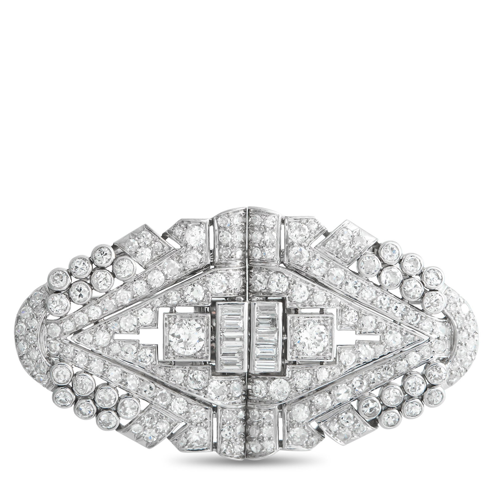 10.50ctw Diamond and Platinum Vintage Dress Clips/Brooch: 10.50ctw VS1-VS2/G-H Diamond and Platinum Vintage Dress Clips/Brooch - A magnificent expression of vintage glamour, this extraordinary convertible dress clips/brooch set captures the bold sophisticati
