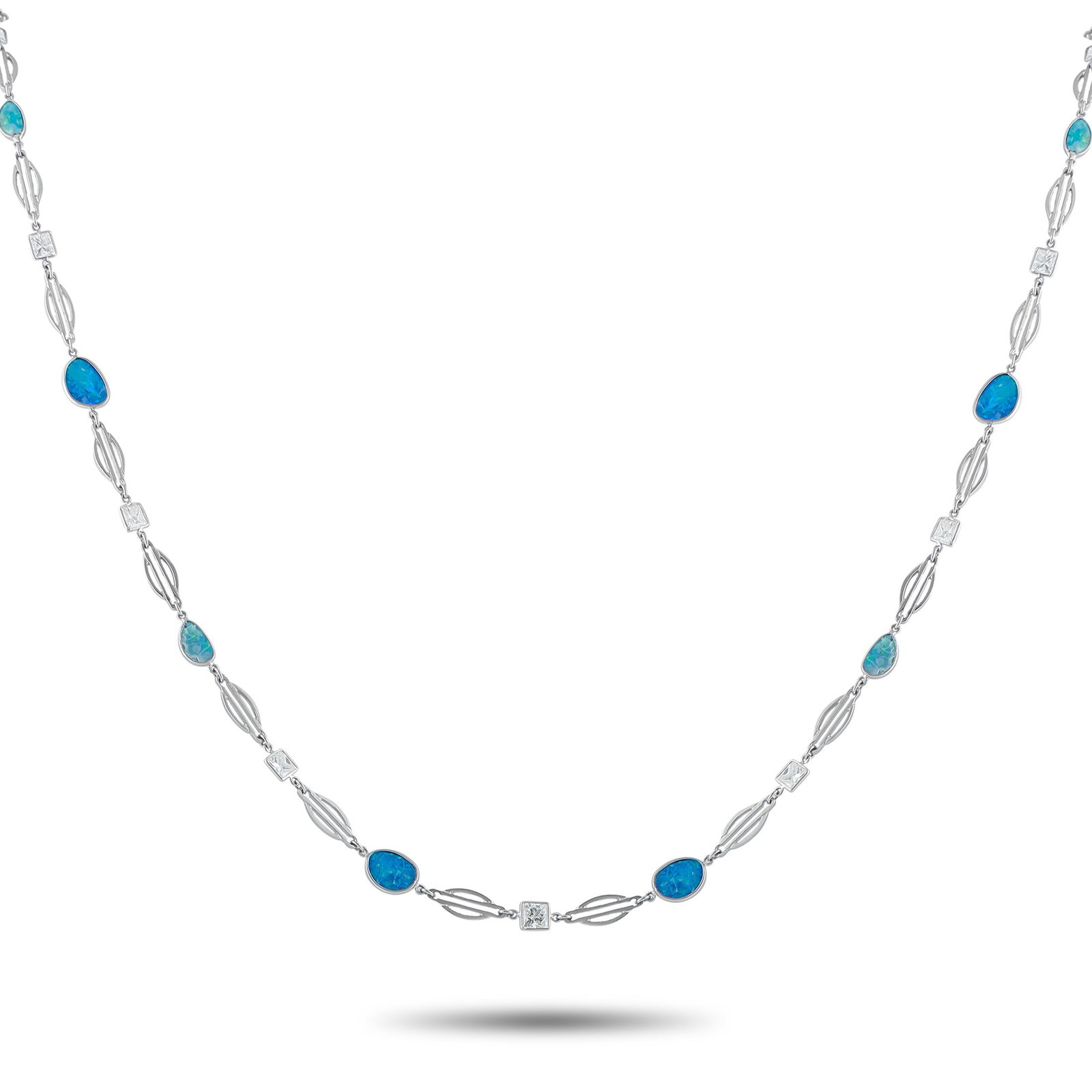 7.40ctw Diamond, Opal and Platinum 34" Necklace: 7.40ctw VS1-SI1/G-H Diamond, Opal and Platinum 34" Necklace - Elegant and luminous, this exceptional necklace pairs refined sparkle with captivating color. Square-cut diamonds totaling approximately 7