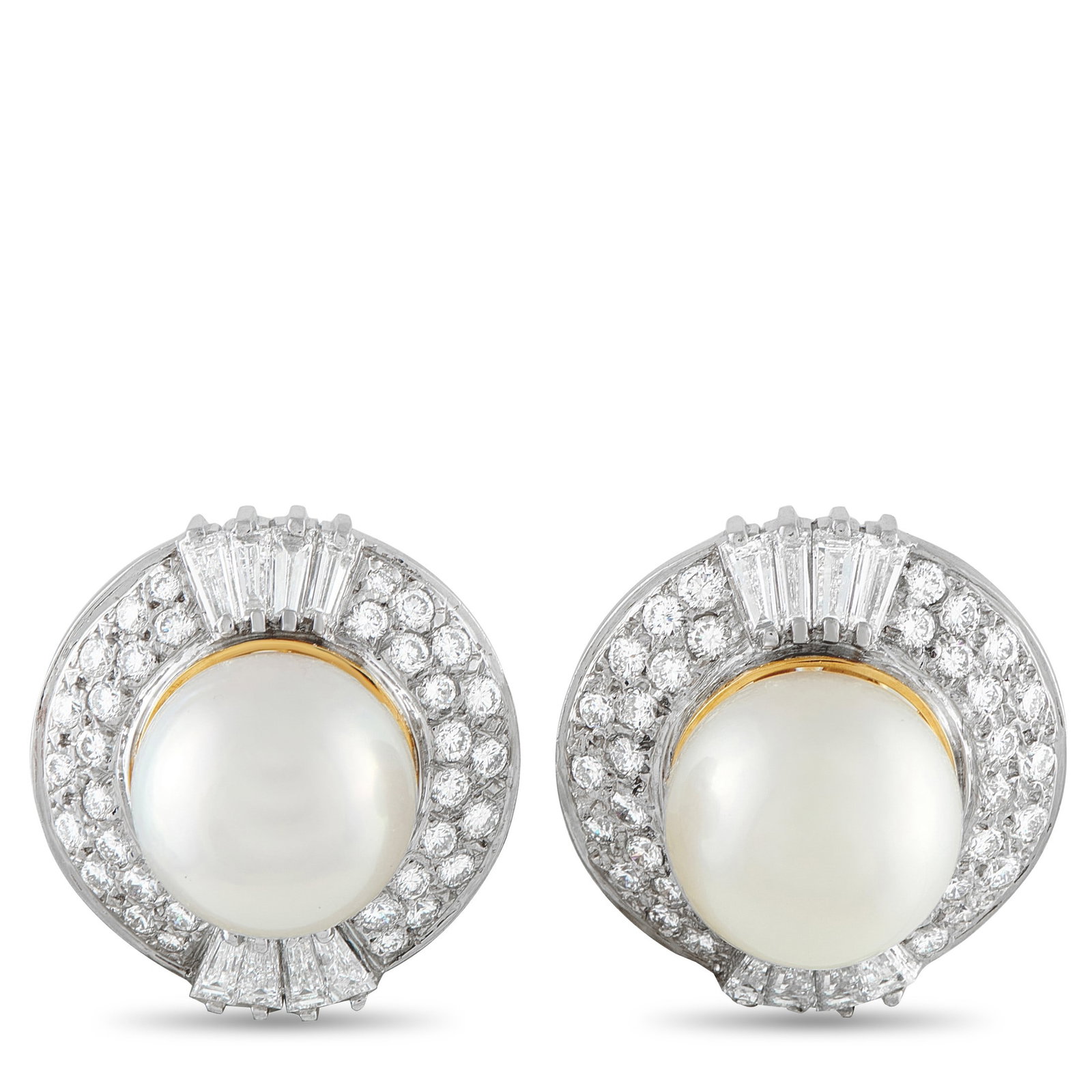4.25ctw Diamond, 14mm Pearl and 18K 0.90" Earrings: 4.25ctw VS2-SI1/G-H Diamond, 14mm Pearl and 18K White/Yellow Gold 0.90" Earrings - Sophisticated and impeccably balanced, these elegant earrings pair timeless refinement with bold scale. Centered by l