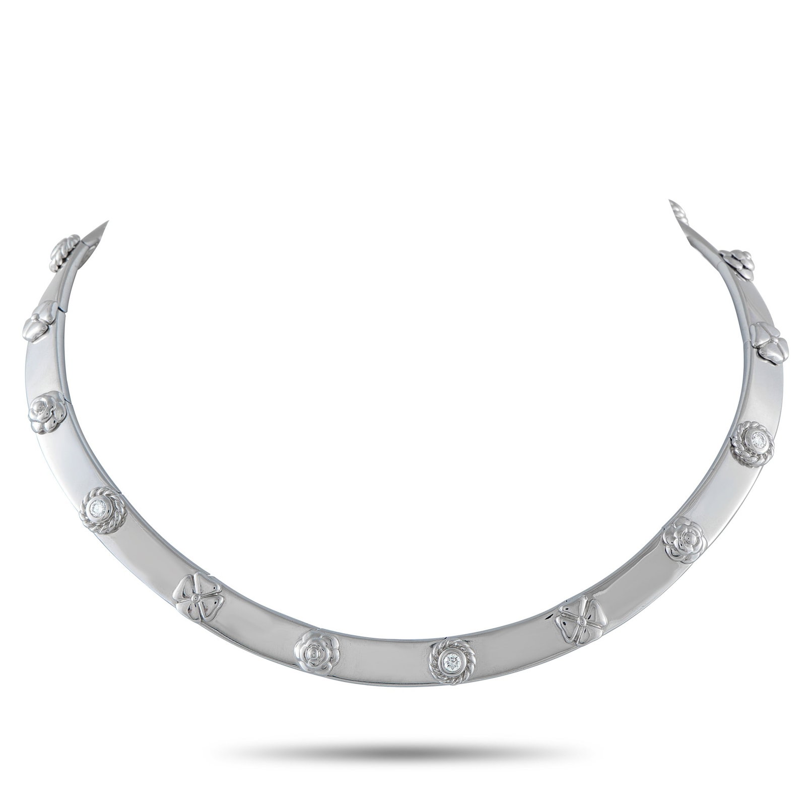 Chanel Three Symbols 18K White Gold 15" Necklace: Chanel Three Symbols 18K White Gold 15" Necklace W/Papers - A bold expression of Chanel's unmistakable design language, this striking Three Symbols necklace celebrates some of the maison's most iconic