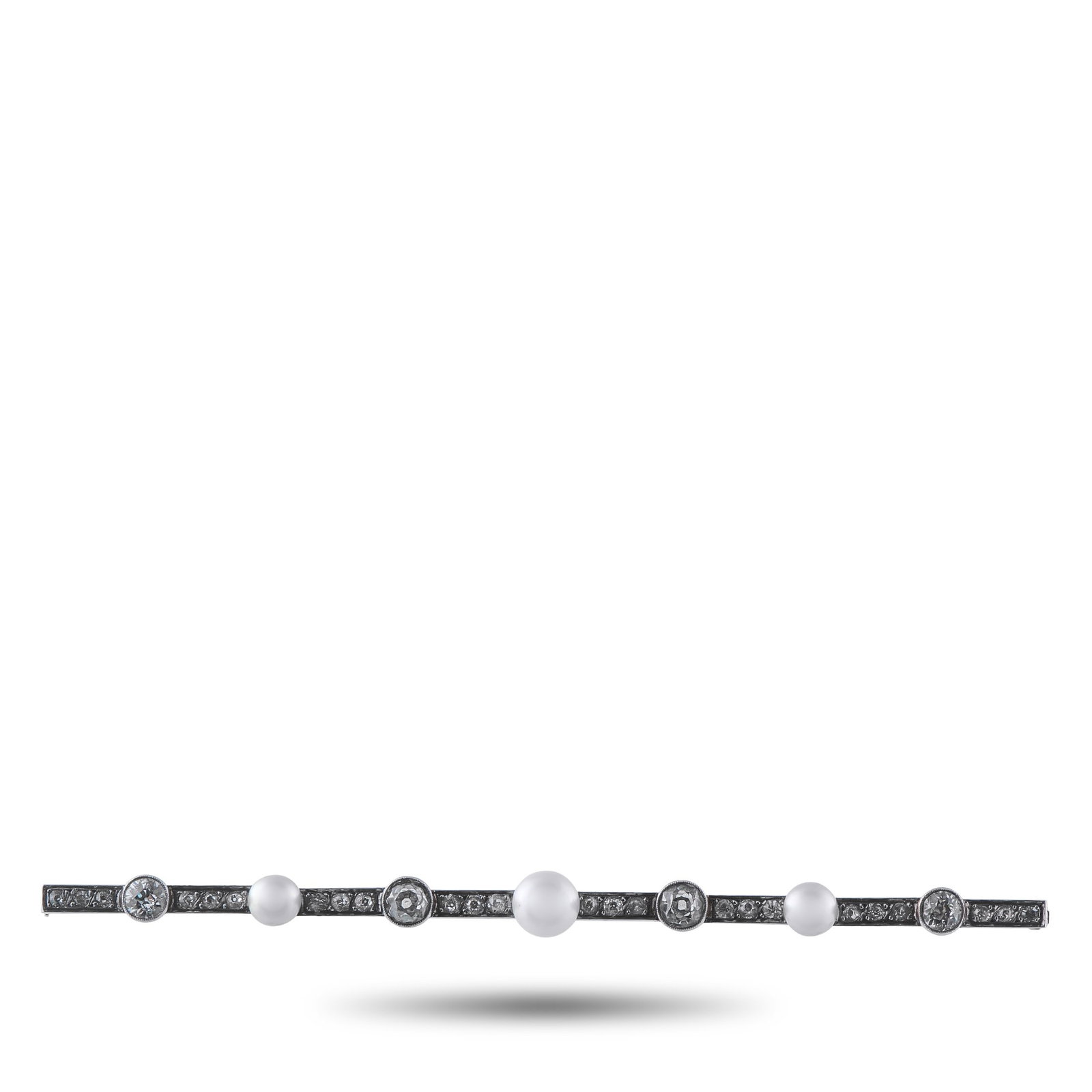 1.80ctw Black Diamond, Pearl and 18K White Gold Brooch: 1.80ctw Black Diamond, Pearl and 18K White Gold 3.75" Brooch - Sleek, understated, and effortlessly elegant, this refined brooch showcases a minimalist linear design crafted in luminous 18K White Gold