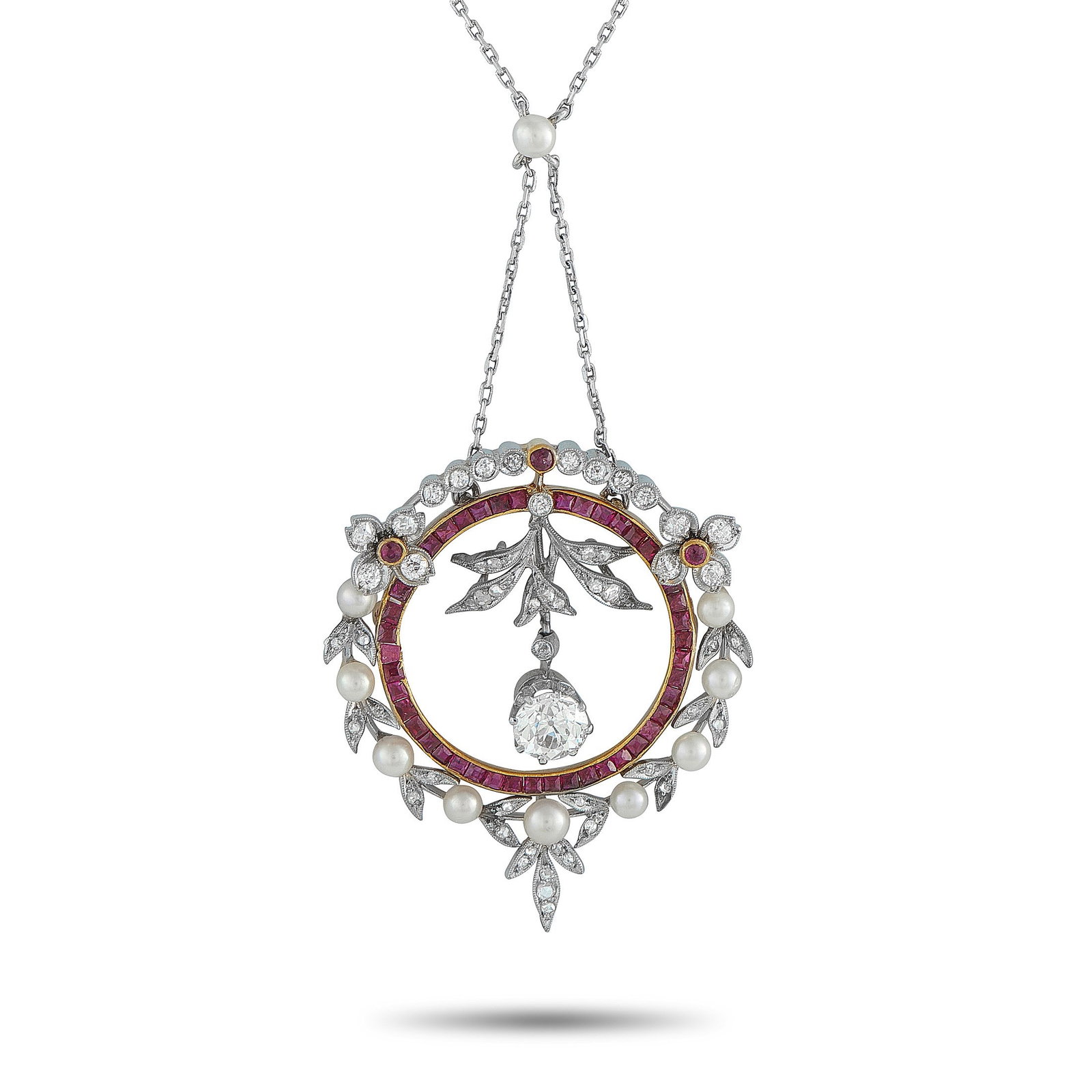 1.95ctw Diamond, Ruby, Platinum and 18K 16" Necklace: 1.95ctw VS2-SI1/G-H Diamond, Ruby, Platinum and 18K Yellow Gold 16" Pendant Necklace - This exceptional luxury necklace is rich with intricate detail and refined craftsmanship. At the center of the ci