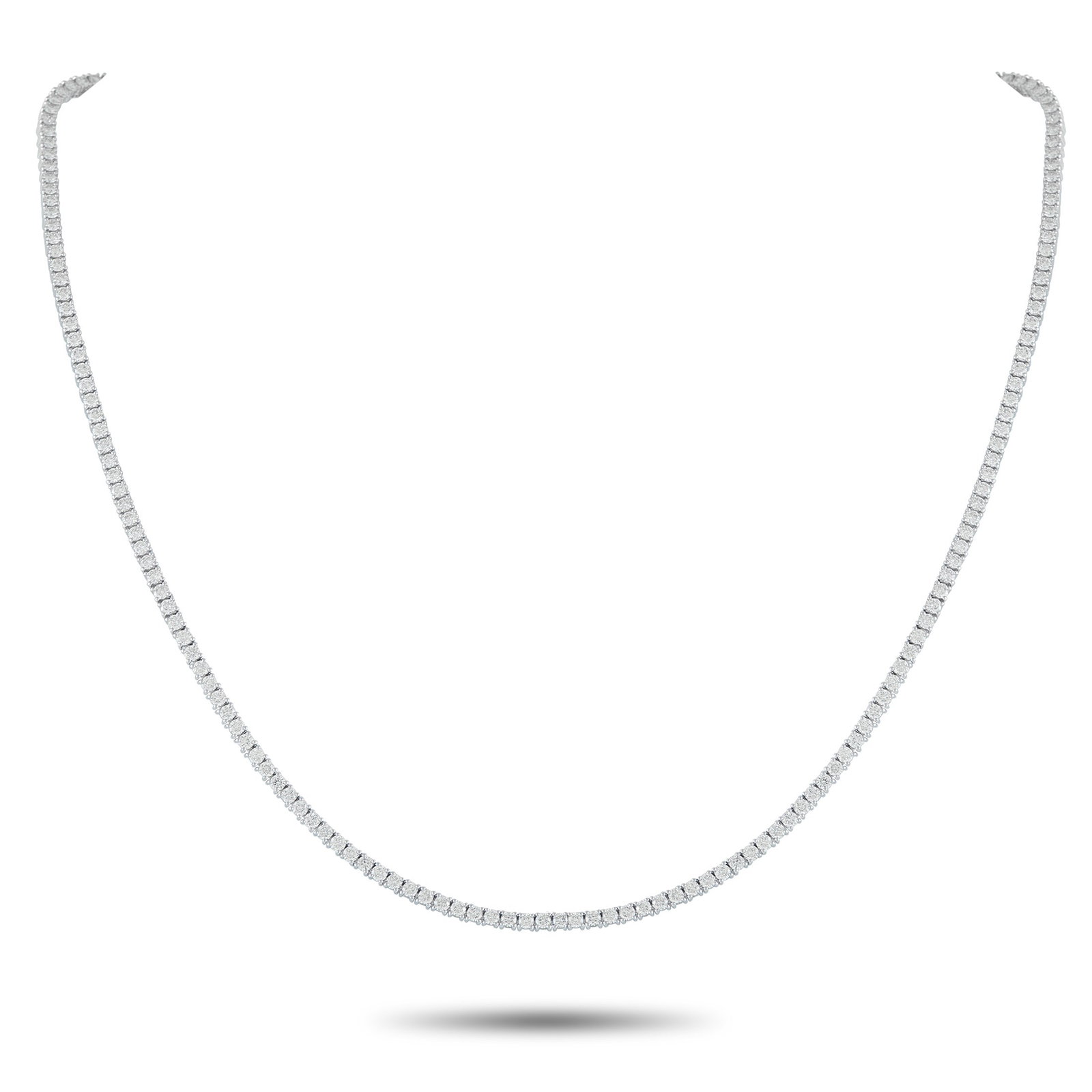 5.75ctw Diamond and 18K White Gold Tennis Necklace: 5.75ctw VS2-SI1/G-H Diamond and 18K White Gold 17.25" Tennis Necklace - Sleek and timeless in design, this sophisticated tennis necklace offers effortless elegance that never goes out of style. Crafte