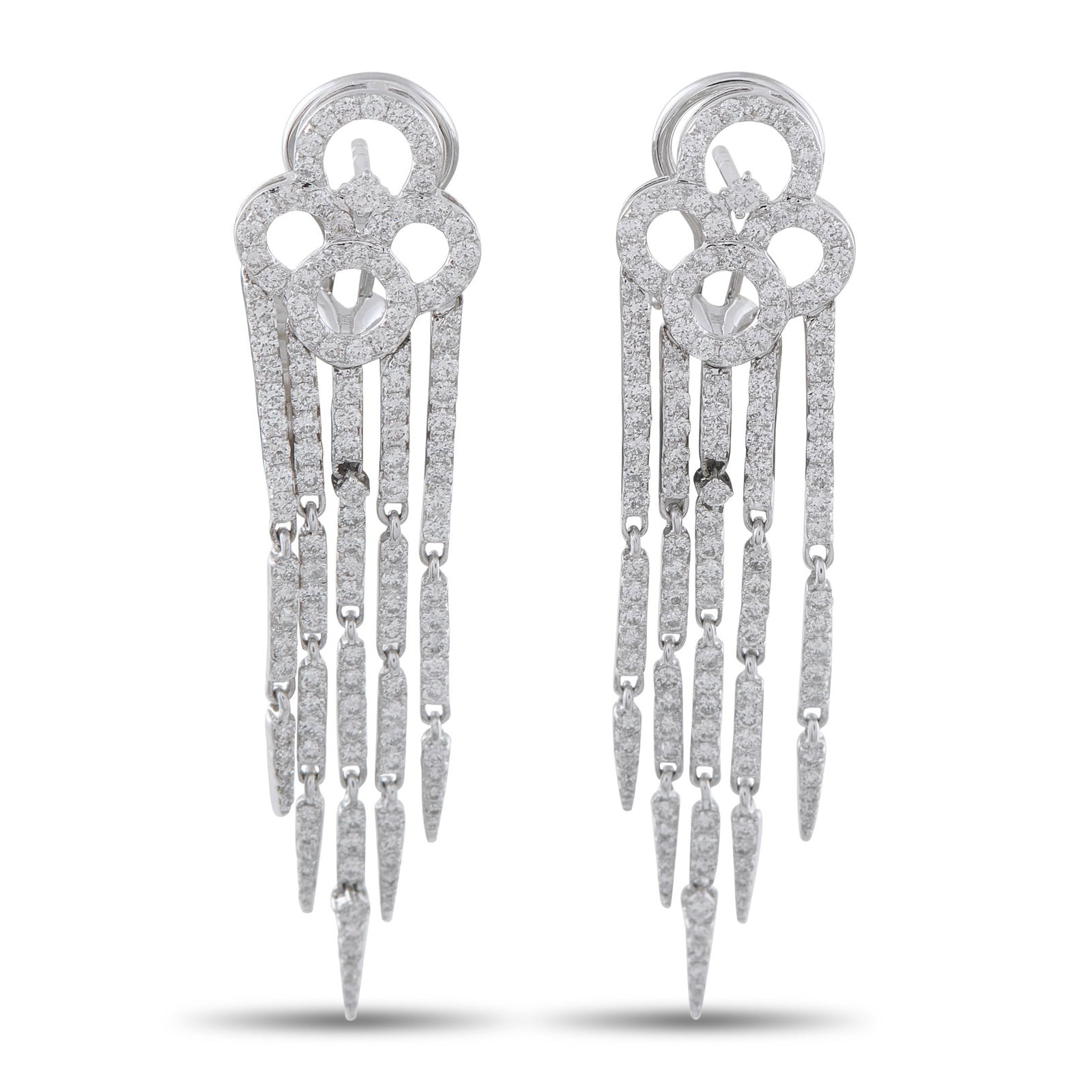 3.20ctw Diamond and 18K White Gold Fringe Earrings: 3.20ctw VS1-VS2/G-H Diamond and 18K White Gold 2.25" Fringe Earrings - Graceful movement and intricate design define these elegant diamond fringe earrings. Crafted in luminous 18K White Gold, the open