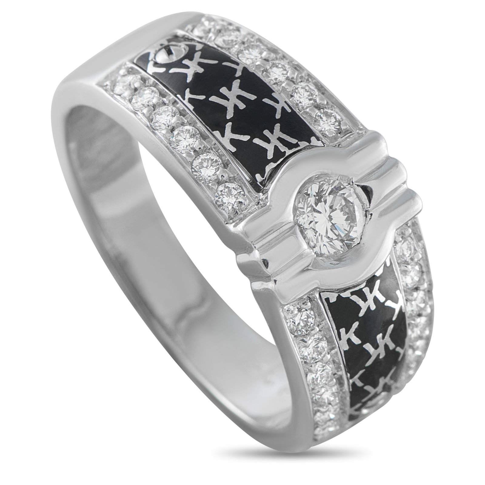 Korloff 0.50ctw Diamond, 18K White Gold and Enamel Ring: Korloff 0.50ctw Diamond, 18K White Gold and Enamel Ring - This Korloff ring offers a bold and distinctive design with modern edge. Crafted in 18k white gold, the setting is elevated by visible screw a