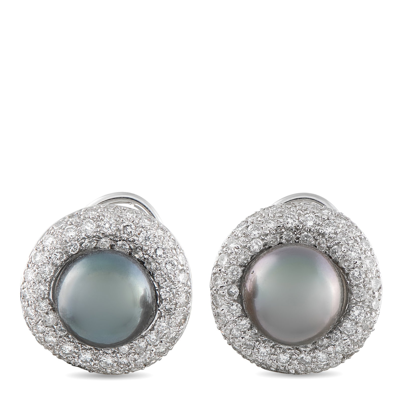 1.50ctw Diamond, 10mm Pearl and 18K 0.70" Earrings: 1.50ctw VS2-SI1/G-H Diamond, 10mm Pearl and 18K White Gold 0.70" Earrings - Lustrous 10mm pearls with a dramatic dark hue take center stage in these elegant earrings. Surrounding each pearl is a halo 