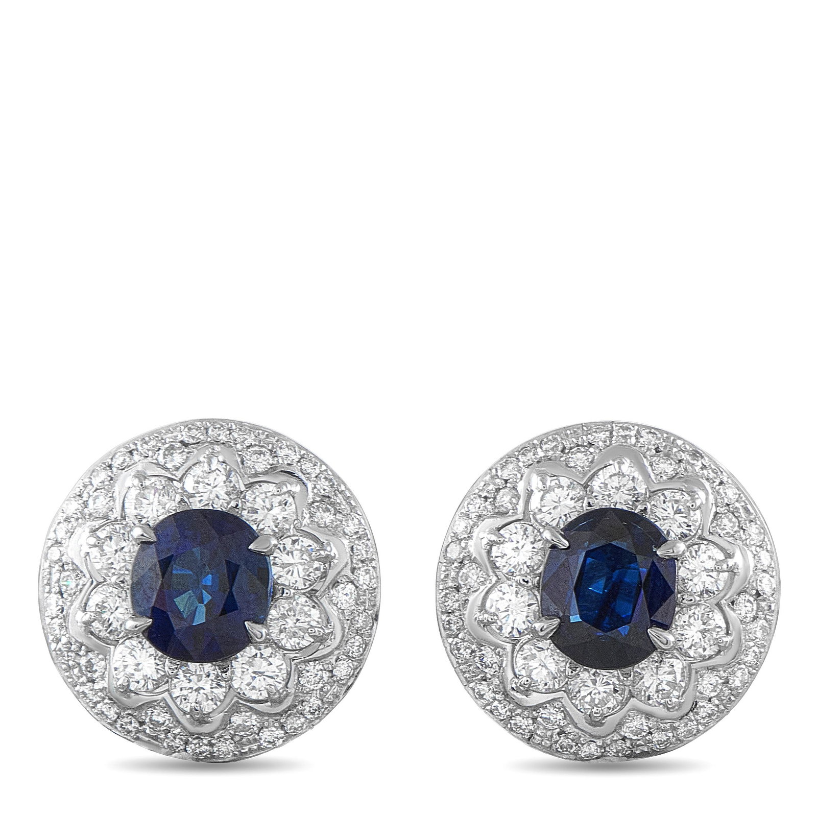 2.40ctw Sapphire, 1.30ctw Diamond, Platinum Earrings: 2.40ctw Blue Sapphire, 1.30ctw VS1-VS2/G-H Diamond and Platinum Earrings - Rich color and intricate brilliance come together in these elegant platinum earrings. At the center of each design rests an o