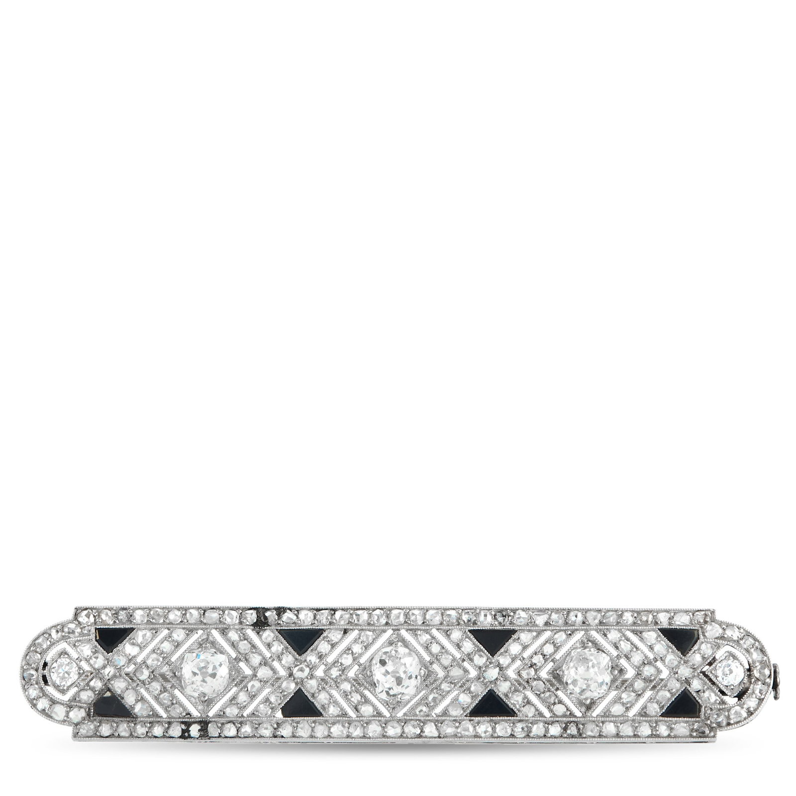 French Antique 2.00ctw Diamond, Onyx and 18K Brooch: French Antique 2.00ctw VS2-SI1/G-H Diamond, Onyx and 18K White Gold Brooch - Precision and symmetry define this striking French antique brooch. Rendered in 18K white gold, the elongated design reflect