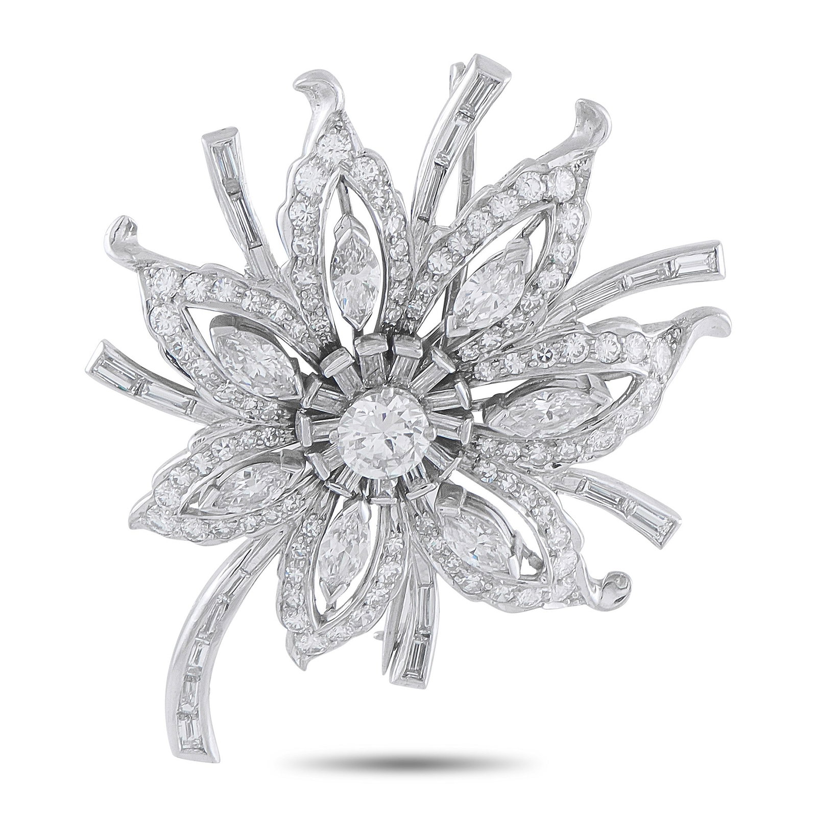 5.20ctw Diamond and Platinum 1.90" Flower Brooch: 5.20ctw VS1-SI1/G-H Diamond and Platinum 1.90" Flower Brooch - Brilliantly composed and full of movement, this platinum floral brooch makes a dramatic statement. At its center, a prominent round diamo