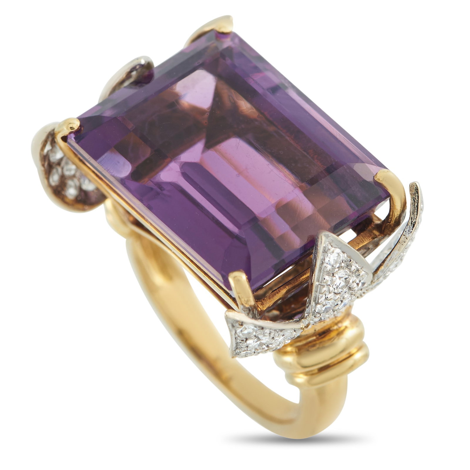 17.00ct Amethyst, 0.50ctw Diamond and 18K Ring: 17.00ct Amethyst, 0.50ctw Diamond and 18K Yellow Gold Ring - Bold color and refined craftsmanship define this striking statement ring. At the center, a captivating 17.00 carat Amethyst is set in an el