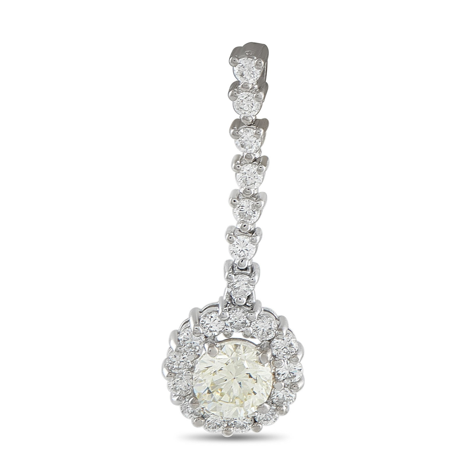 1.70ctw Diamond and 18K White Gold 1.20" Pendant: 1.70ctw SI1-SI2/G-J Diamond and 18K White Gold 1.20" Pendant - This elegant pendant showcases timeless brilliance in a graceful dangling silhouette. At the center, a striking 1.0 carat round-cut Diamo