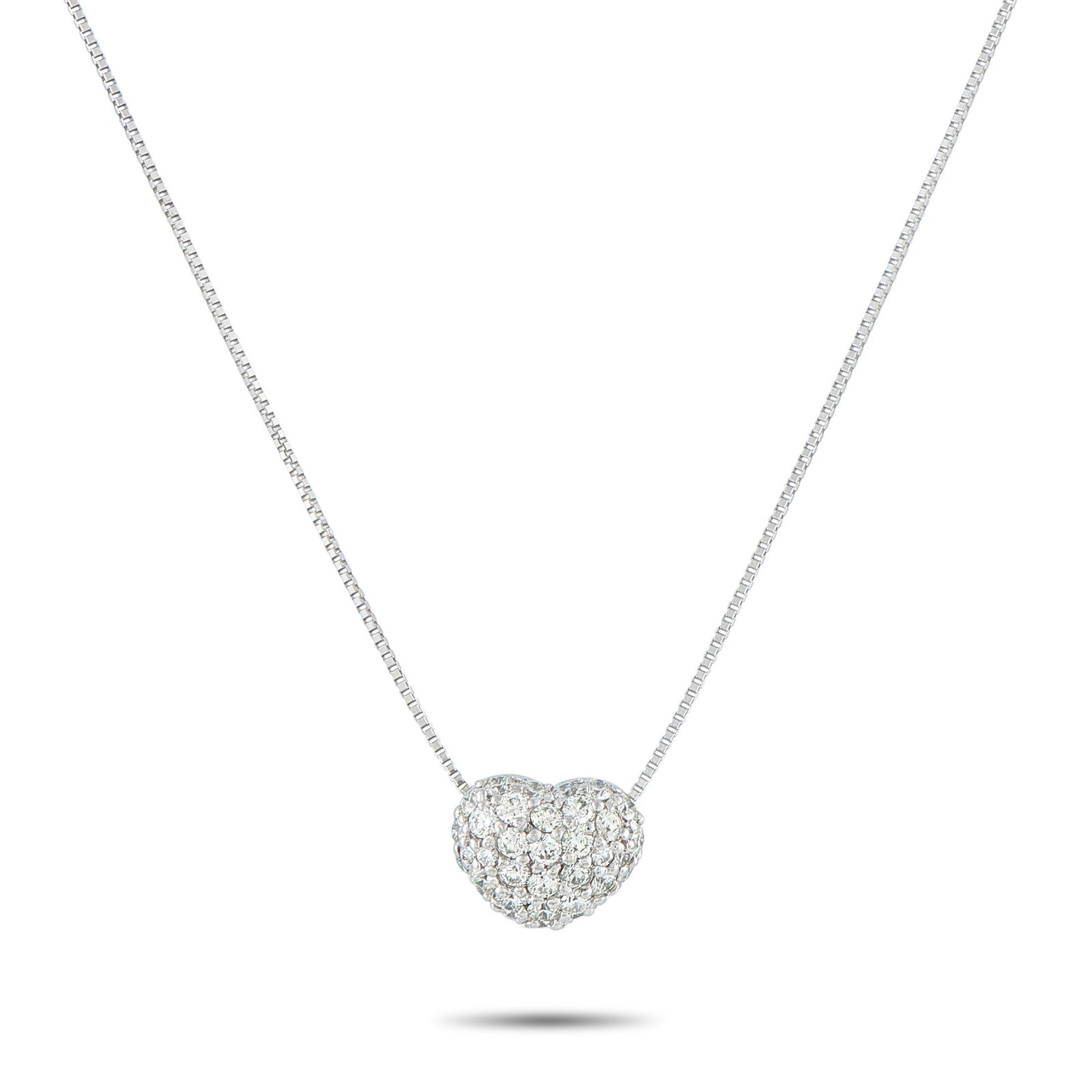 1.00ctw Pave Diamond and 18K White Gold Necklace: 1.00ctw SI1-SI2/G-H Pave Diamond and 18K White Gold 17" Heart Pendant Necklace - This necklace features a classic and romantic design with brilliant, all-over sparkle. Crafted in 18k white gold, a box