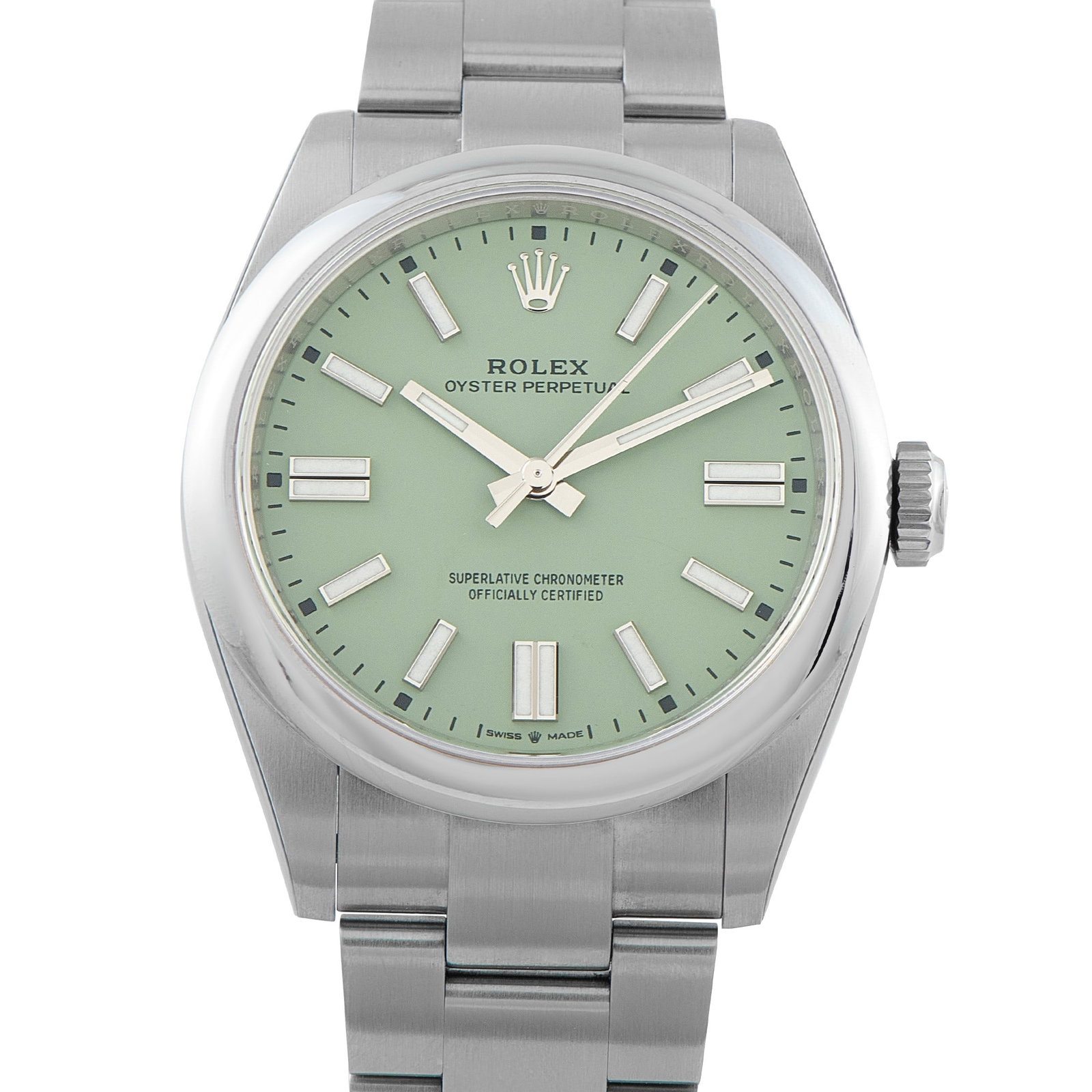 Rolex Oyster Perpetual 41 Pistachio Dial Steel Watch: Rolex Oyster Perpetual 41 Pistachio Dial Stainless Steel Watch Ref. 134300 - A contemporary standout within Rolex's modern catalog, the Oyster Perpetual 41 reference 134300 pairs the brand's purest de