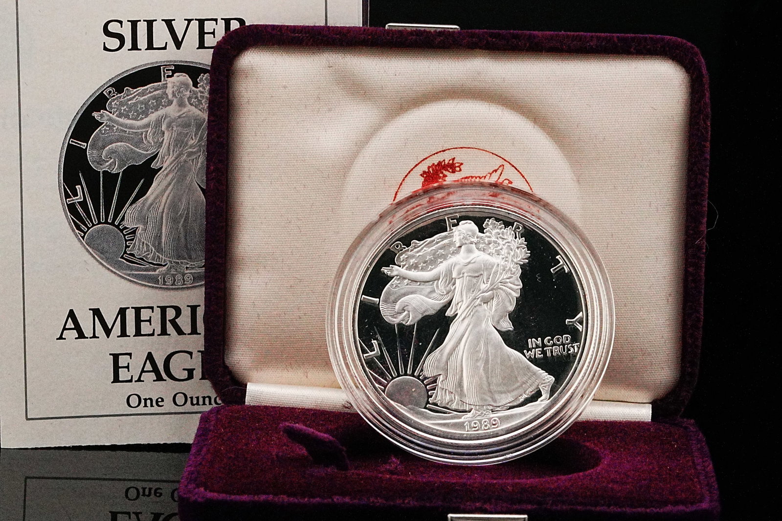 1989-S American Silver Eagle 1 Oz .999 Silver Proof: 1989-S American Silver Eagle 1 Troy Ounce .999 Fine Silver Proof W/Box and COA - A highly collectible early-date 1989-S American Silver Eagle Proof, struck at the San Francisco Mint in 1 troy ounce of