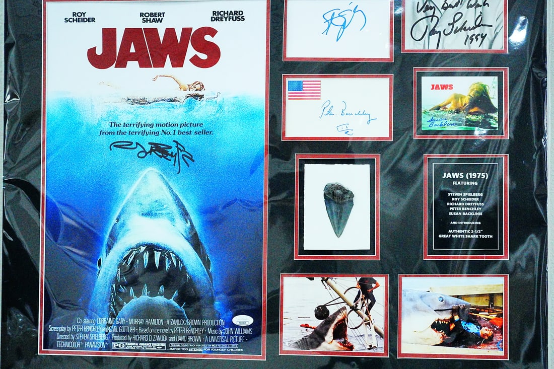 Jaws (1975) Signature and Fossil Shark Tooth Display: Jaws (1975) One of a Kind Signature and Genuine Fossil Great White Shark Tooth Display W/COAs - A striking one-of-a-kind display celebrating Jaws, the iconic Academy Award winning thriller that foreve