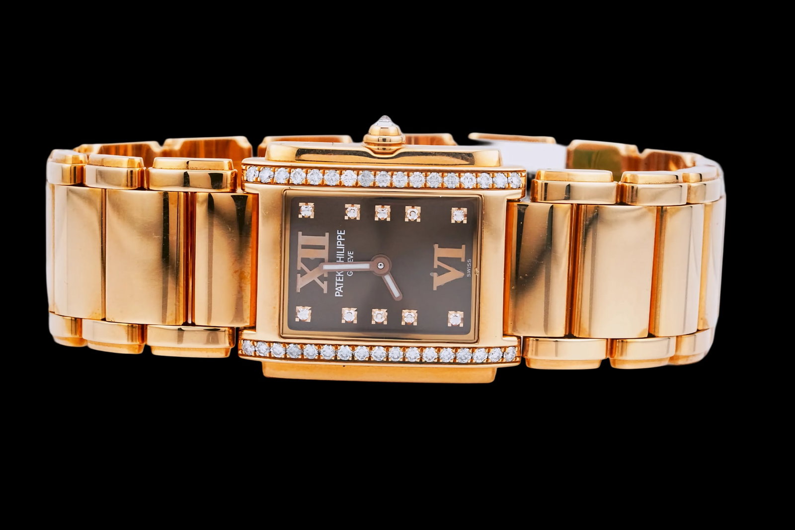 Patek Philippe Twenty-4 25mm Diamond and 18K Watch: Patek Philippe Twenty-4 25mm 0.48ctw Diamond and Solid 18K Rose Gold Ladies Watch (Ref. 4908) - This Patek Philippe Twenty-4 Ladies Watch is an elegant timepiece that is covered in approximately 0.48c