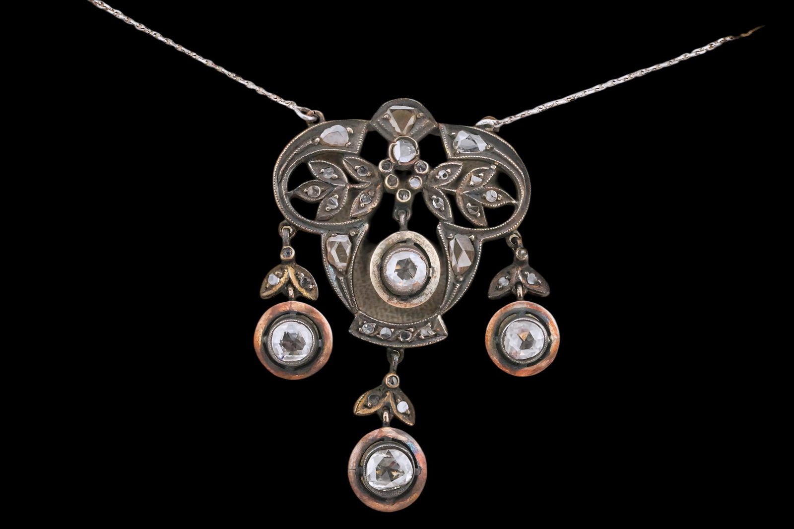 5.00ctw Rose Cut Diamond and Silver/Gold 17" Necklace: 5.00ctw Rose Cut Diamond and Silver/Gold 17" Antique Pendant Necklace - THIS ITEM WILL COME WITH A $41,000 INSURANCE VALUATION REPORT. A charming antique pendant necklace showcasing refined craftsmans