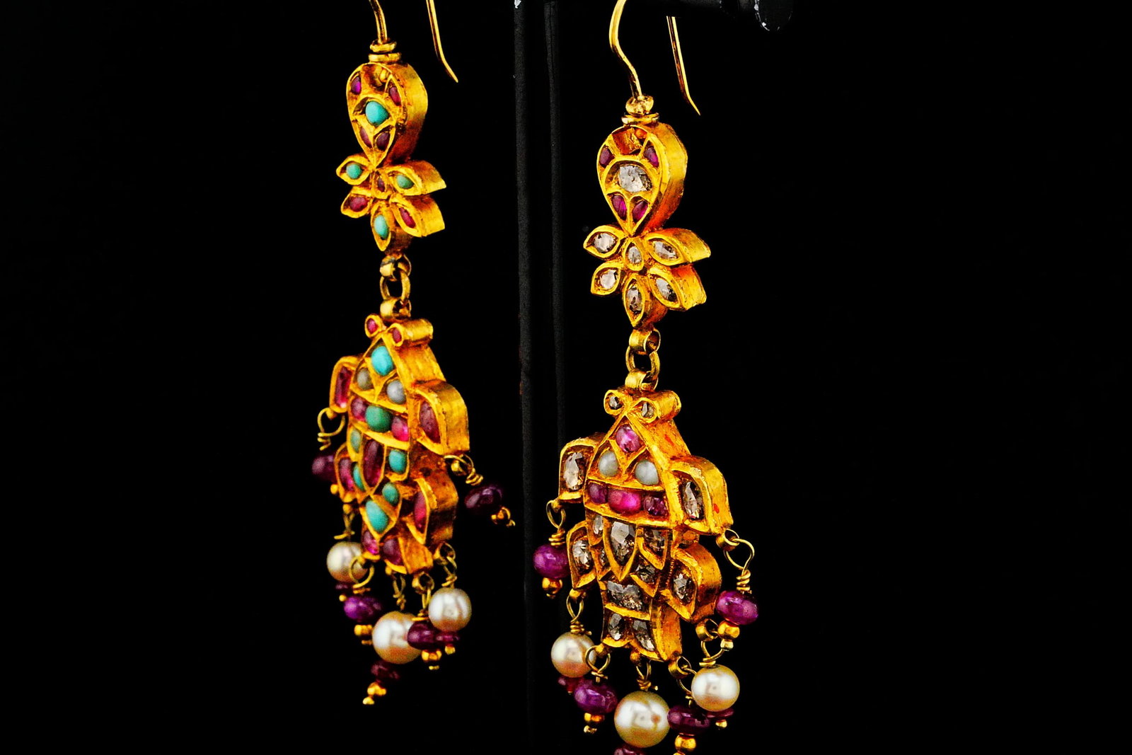 Polki Diamond, Ruby, Turquoise, Pearl and 18K Earrings - 2