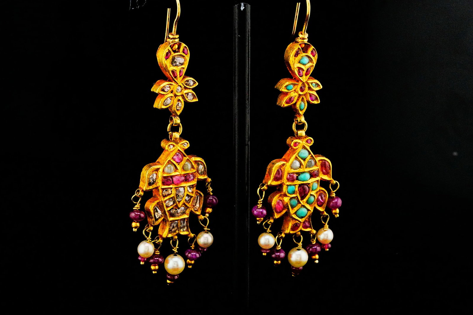 Polki Diamond, Ruby, Turquoise, Pearl and 18K Earrings - 3