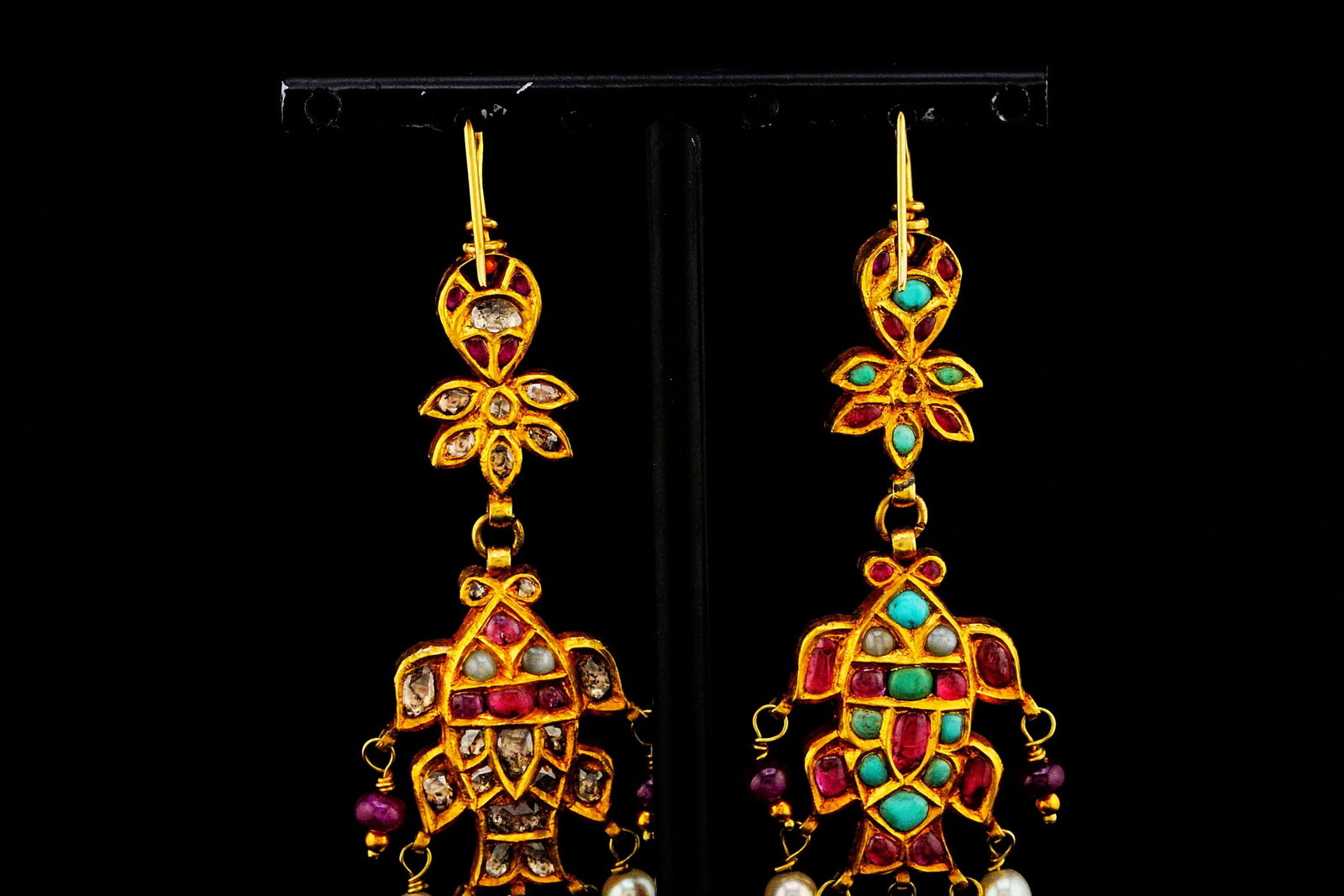 Polki Diamond, Ruby, Turquoise, Pearl and 18K Earrings - 4