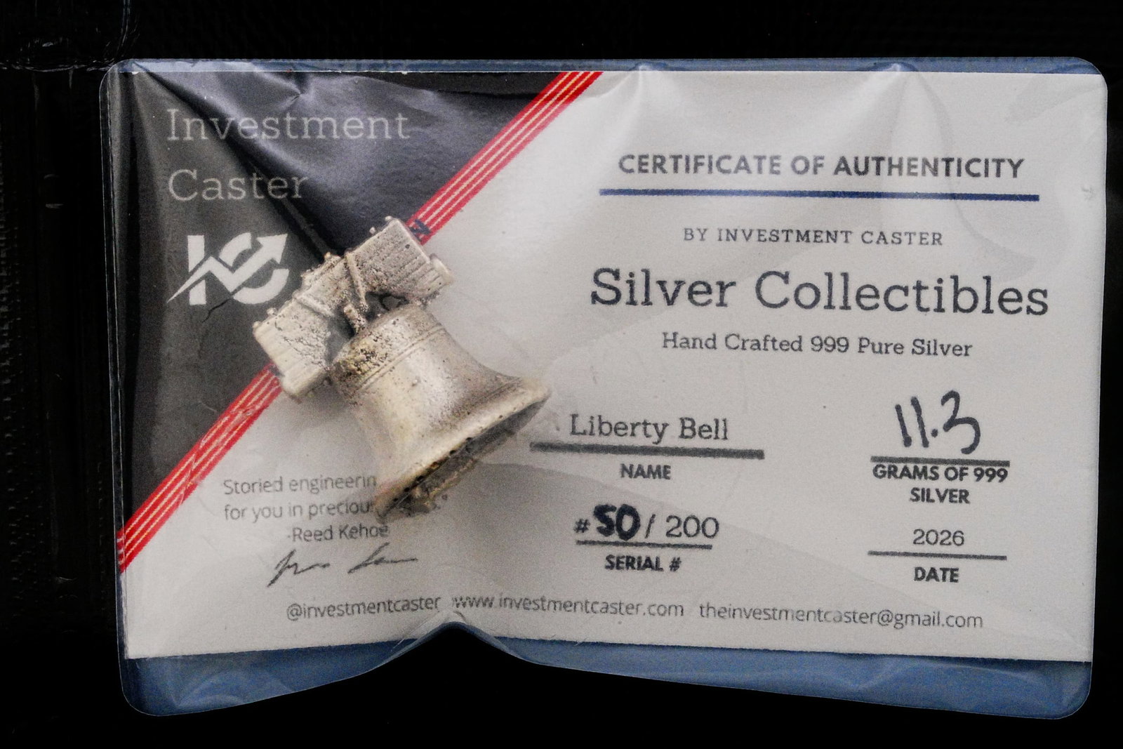 11.3 Gram .999 Fine Silver Liberty Bell #50/200: Investment Caster Limited Edition 11.3 Gram .999 Fine Silver Liberty Bell Miniature Sculpture #50/200 - Handcrafted from 11.3 grams of .999 fine silver, this finely detailed miniature Liberty Bell is 