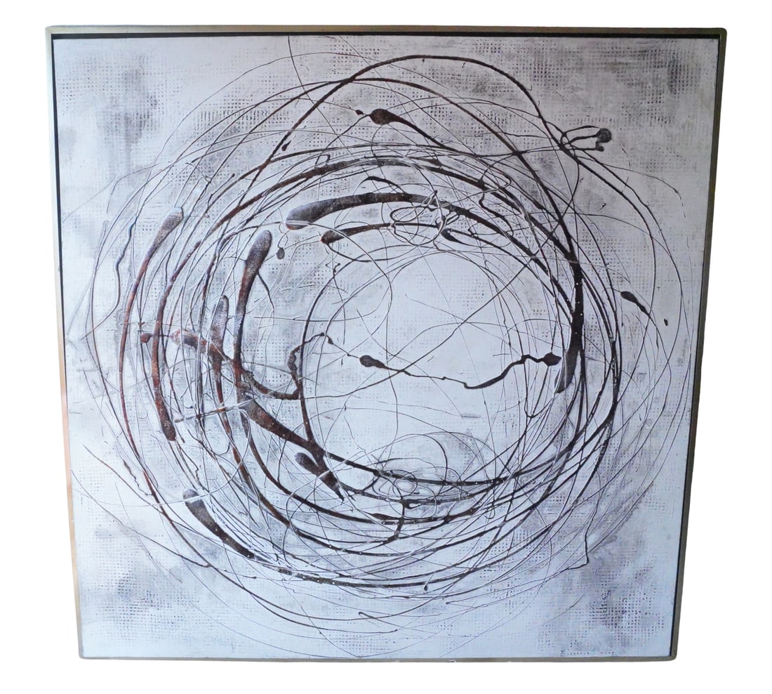 Contemporary Abstract Expressionist Mixed Media Painting: Contemporary Abstract Expressionist Mixed Media Painting - A striking large-scale abstract composition featuring bold circular gestures, splattered drips, and layered textures against a pale backgroun